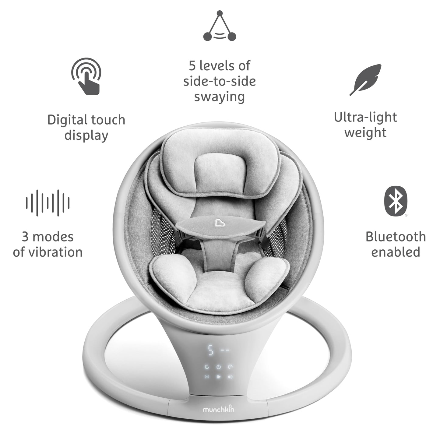 Munchkin Electric Baby Swing with Vibration - Portable Swing for Newborn and Infant, Bluetooth-Enabled Smart Seat with Music, Motion, and Sounds, Light Grey