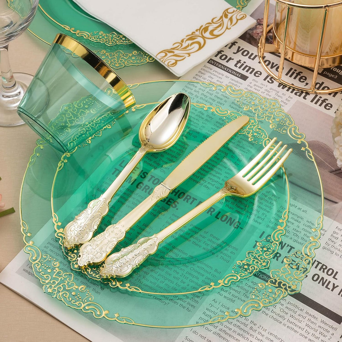 350PCS Clear Green Plastic Plates for 50 Guests, Disposable Plates with Gold Trim include 100 Dinner Plates, 150 Gold Silverware, 50 Cups, 50 Napkins for Party, Wedding and Graduation