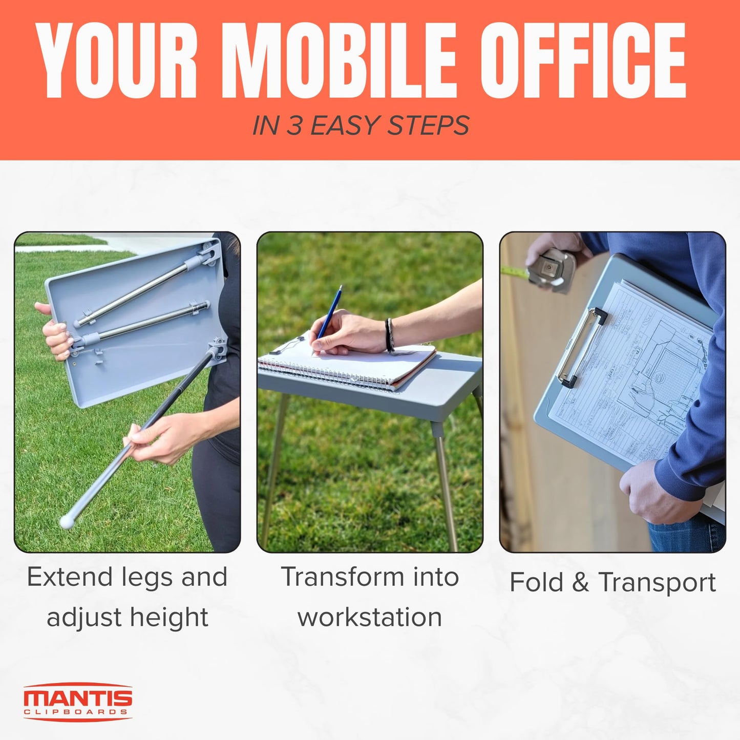 Mantis Self Standing Clipboard - Light Note Taking Clip Board with Retractable Legs, Letter/ A4 Size, for Contractor, Teacher, Nurses