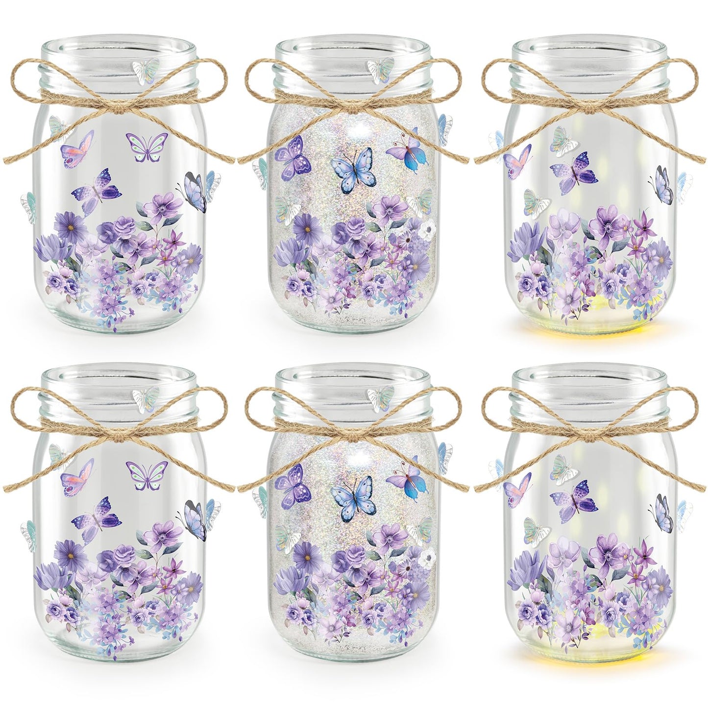 Cinrobiye 6 Set DIY Mason Jar Lantern Craft Kit with LED Lights, Butterfly & Flower Decorations, Handmade Table Centerpiece Decor for Home Party Wedding Craft Lovers