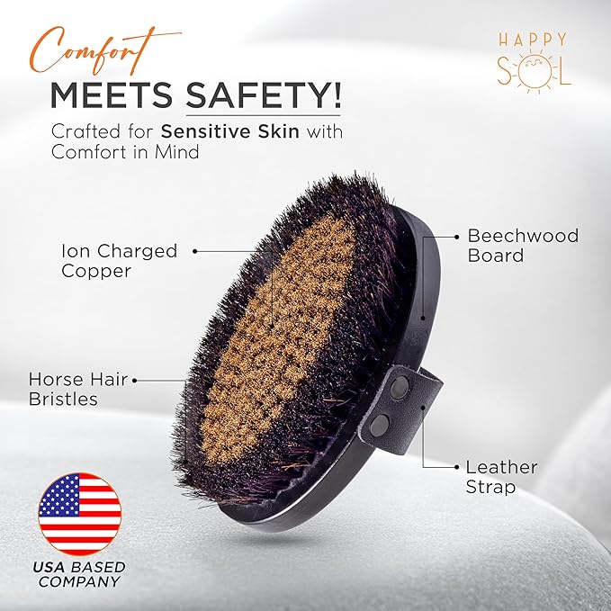 Copper Dry Brushing Body Brush for Lymphatic Drainage by HAPPY SOL - Ion Charged Copper Bristles for Glowing Skin, Improve Blood Circulation and Reduce Stress