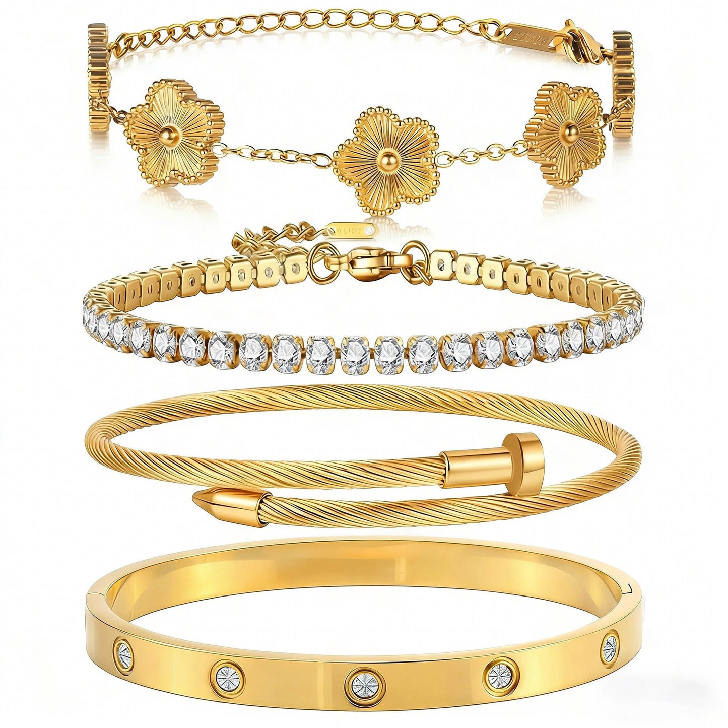 ISELBDR 18K Gold Bracelets for Women - Stackable Clover & Nail Love Bangle Set - Non-Tarnish Stainless Steel Jewelry for Valentine's, Mother's Day & Christmas (Gold-1)