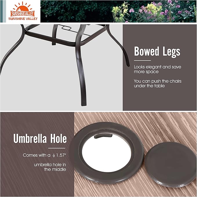 5 Piece Patio Dining Set for 4, 37”x37” Square Table (PVC Wood-Like Table Top) with 1.57" Umbrella Hole, 4 Metal Brown Chairs, Outdoor Table and Chairs Set for Lawn Backyard and Deck
