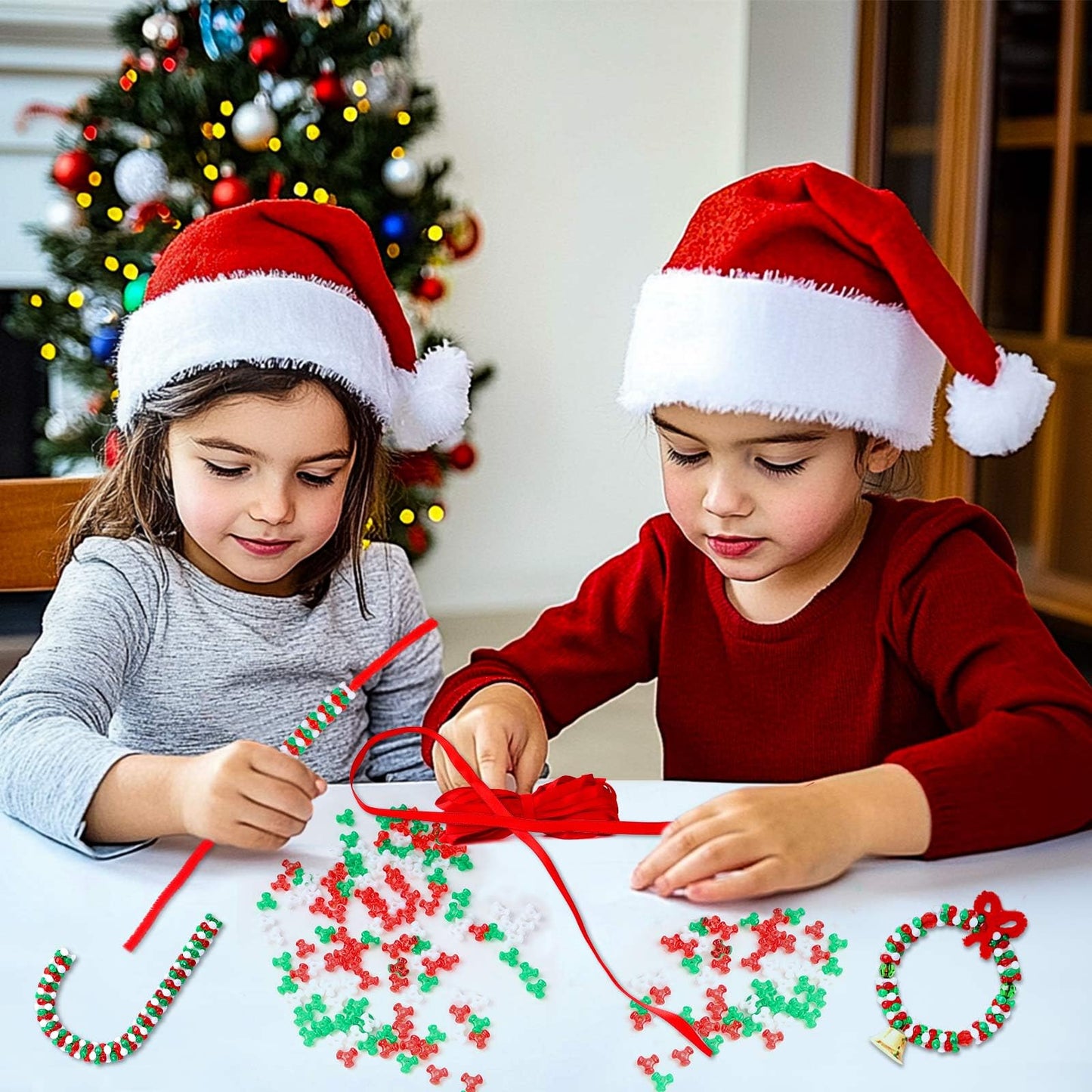 YBB 1780 Pcs Christmas Tri-Shaped Beads Ornament Kit with 30 Golden Bells 50 Chenille Stems and 10m Red Ribbon for Christmas Tree Candy Cane Wreath DIY Hanging Decoration