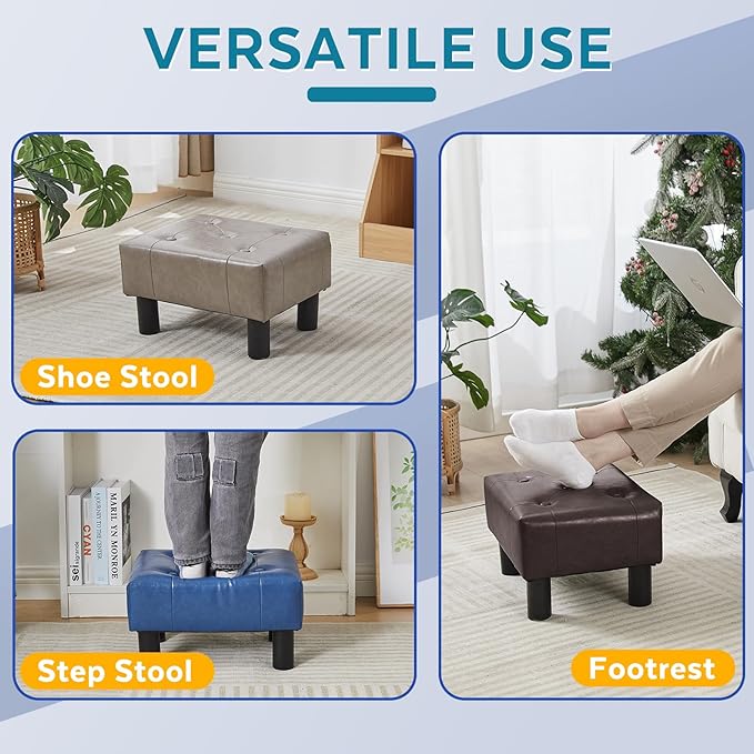 Small Foot Stool Ottoman, Faux Leather Footstool Ottoman Foot Rest for Couch, Rectangle Footstools and Ottomans Small for Living Room, Entryway and Bedroom (Brown)