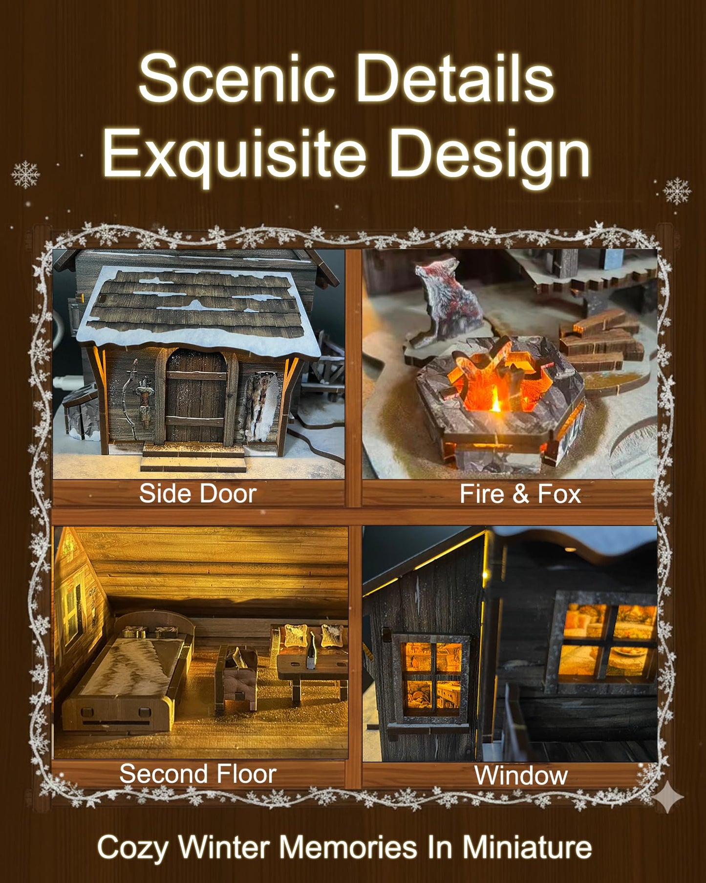 LED 3D Wooden Puzzle Winter Cabin DIY Miniature Building Kit with LED Lights - 3D Craft Rural Wooden Cabin Models Decor Gift for Adult