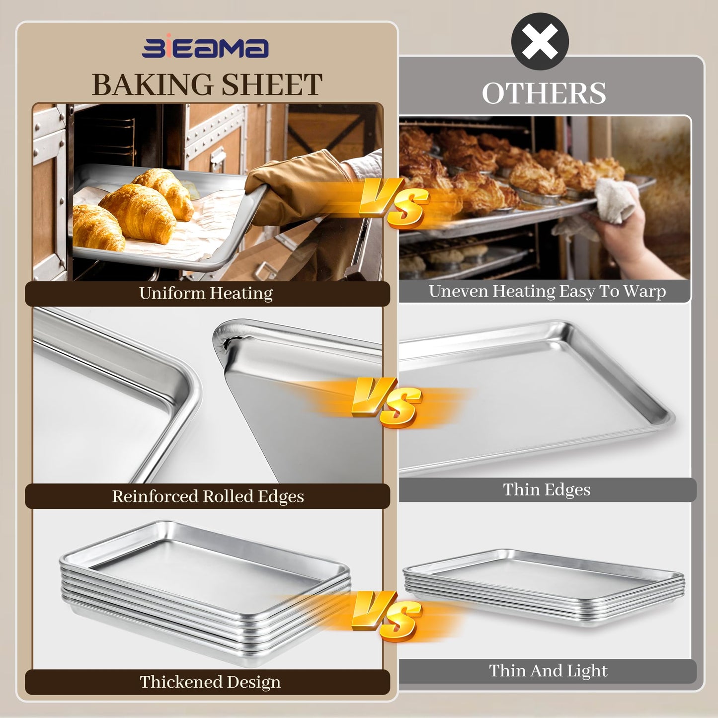 BIEAMA 6 Pack Half Size Baking Sheet Pan Aluminum Commercial Pan for Oven Freezer Bakery Hotel Restaurant 18" × 13"