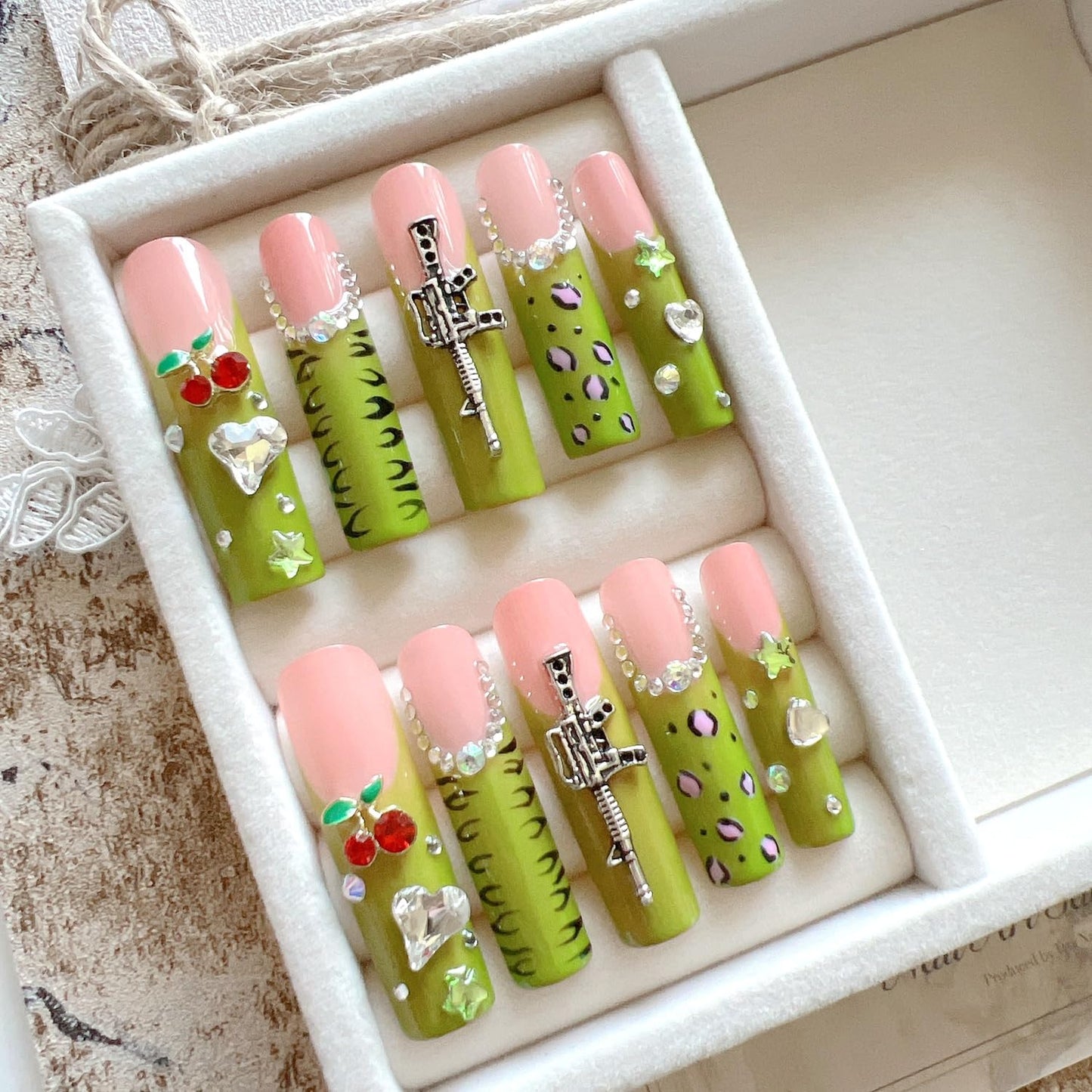 NAIL ANGEL 10PCS/SET Handmade Press on nails Metal Glitter Rhinestone Green Leopard Prints Crystal Cherry Gem Long Coffin Nails Party Nails XXL Long Artifical Tips ZJ-07 (Multi-Color, ZJ07-S)