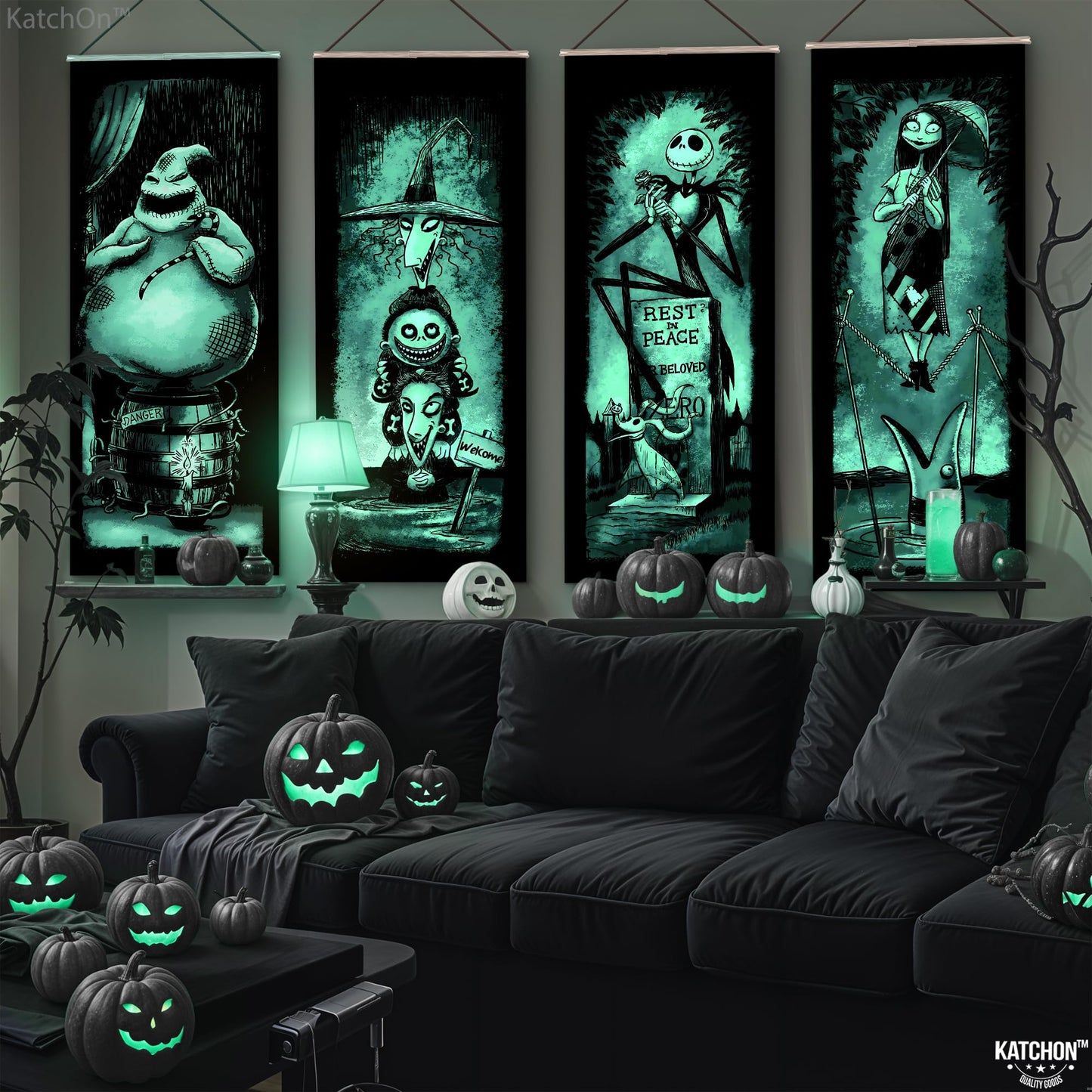 KatchOn Spooky Stretching Portrait - 47x16 Inch, Pack of 4 | Haunted Mansion & Skeleton Banner for Halloween Decorations Indoor, Outdoor | Halloween Wall Decorations