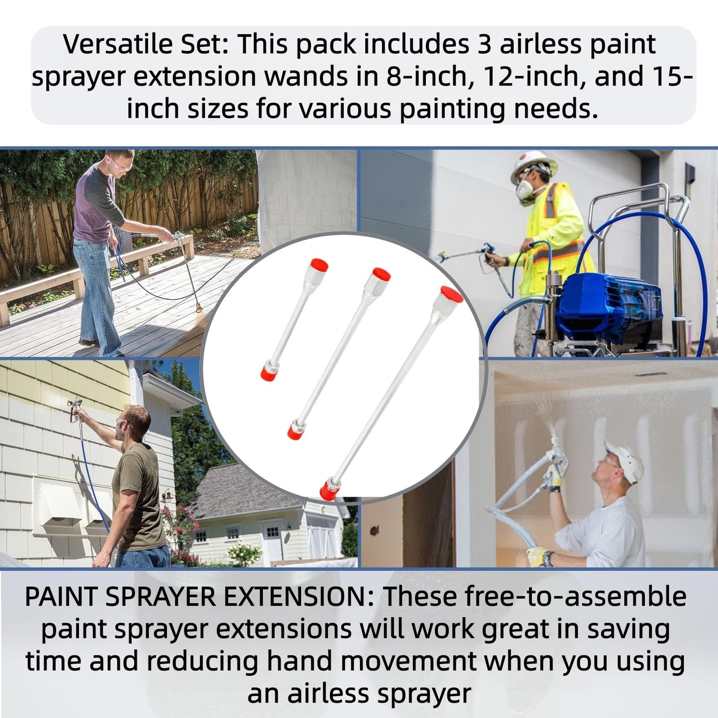 3 Packs Airless Paint Sprayer Extension Wands (8/12/15 inch) with Red Guard | Universal Fit for Graco, Wagner & Titan Sprayers | Durable Multi-Size Painting Pole Kit