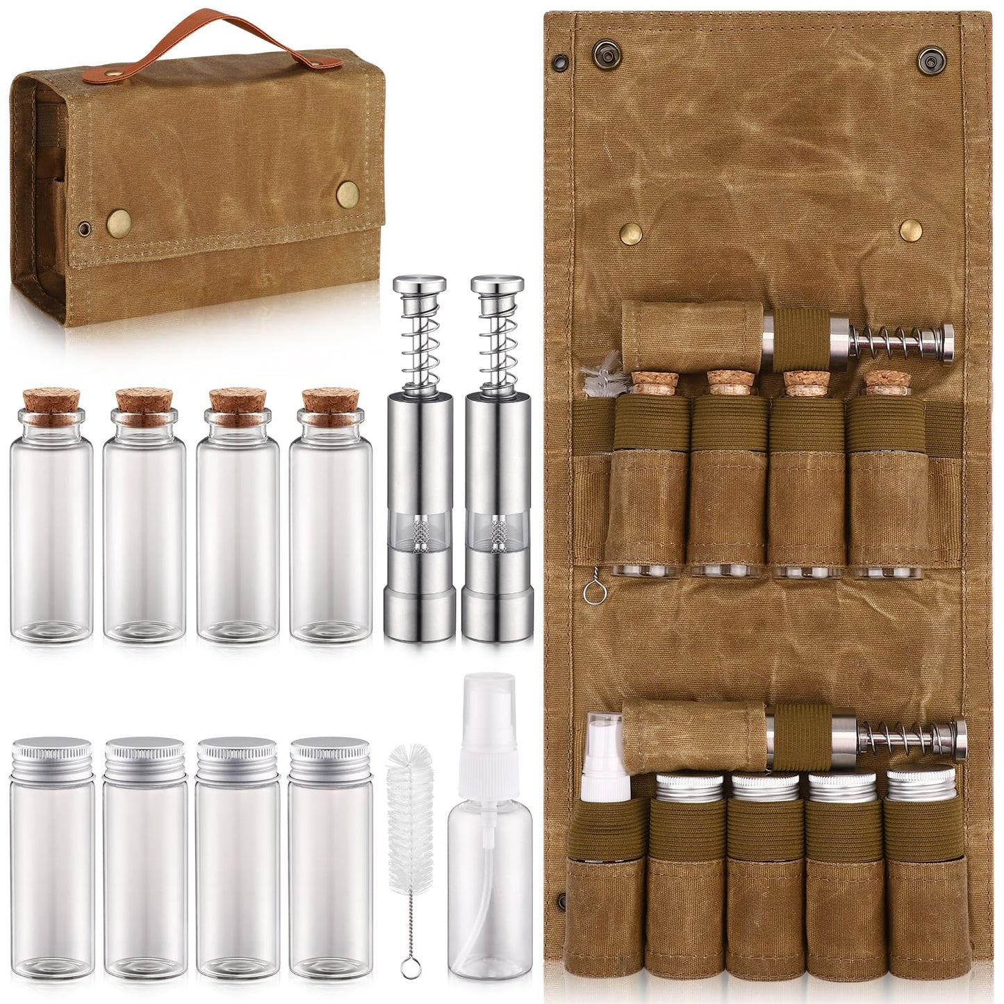 TOBWOLF Camping Spice Kit with 9 Jars, 2 Salt/Pepper Grinders, Portable Spice Bag, Foldable Canvas Seasoning Storage Bag Organizer, Mini Condiment Container Set for Outdoor Camping Picnic BBQ - Khaki