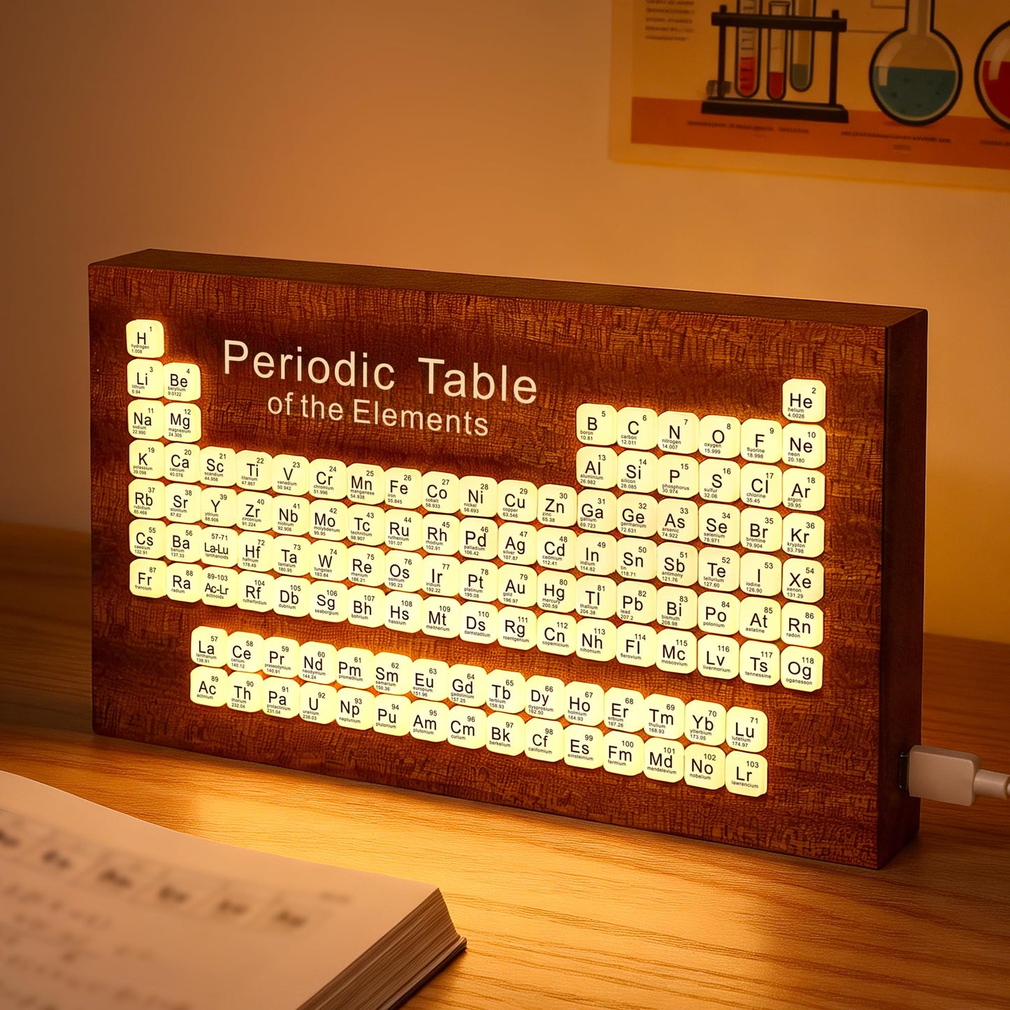 Ammonite Wooden Periodic Table Desk Lamp, USB Powered Element Block LED Warm White Light, Educational Decor for Classroom, Student Chemistry Gifts and Study Room Supplies