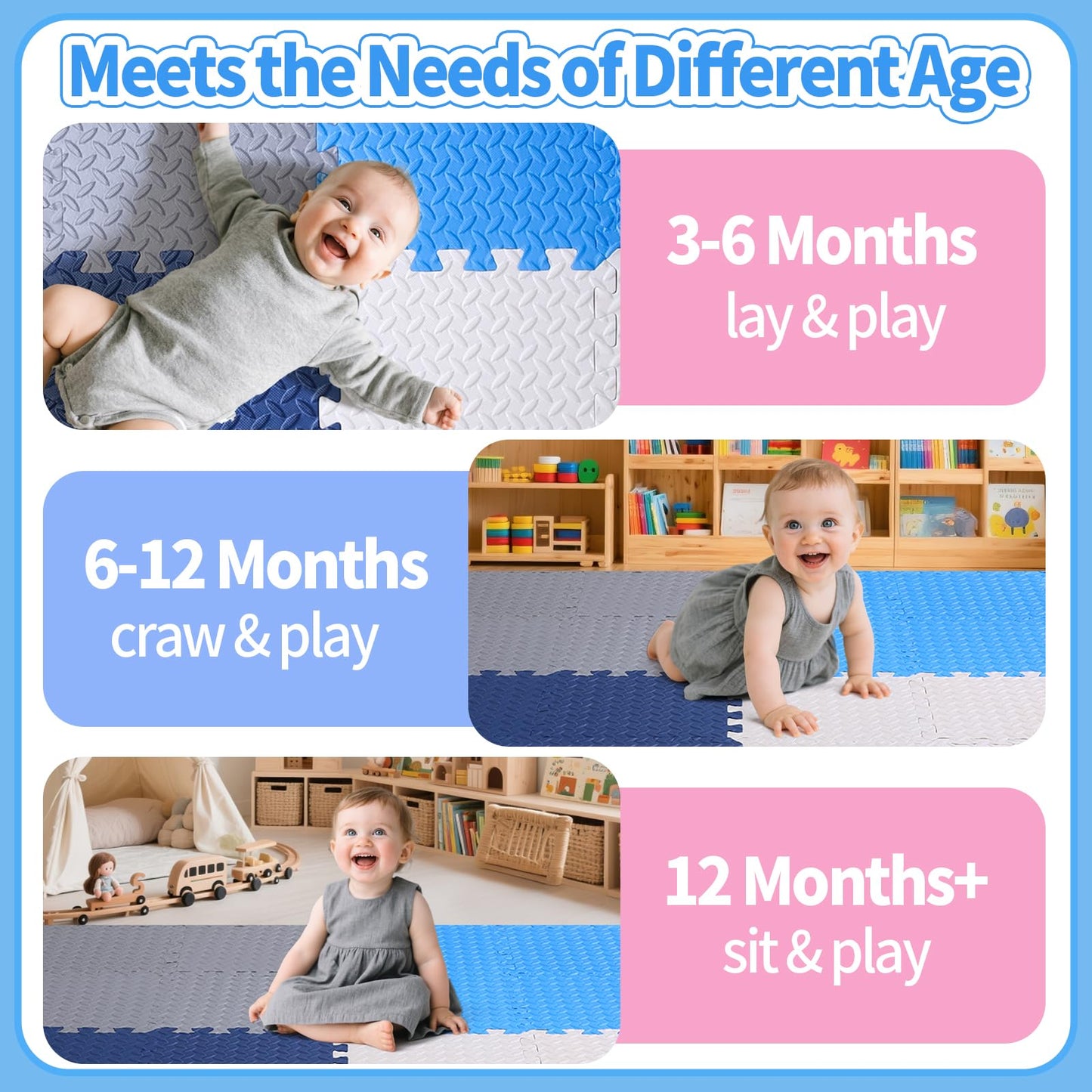 Coolcandy Baby Foam Play Mat 16Pcs with Edge Strips, 4 Colors Interlocking Floor Tiles, 0.4″ Thickened Non-Slip Puzzle Floor Mat for Infants Toddlers Playroom & Daycare