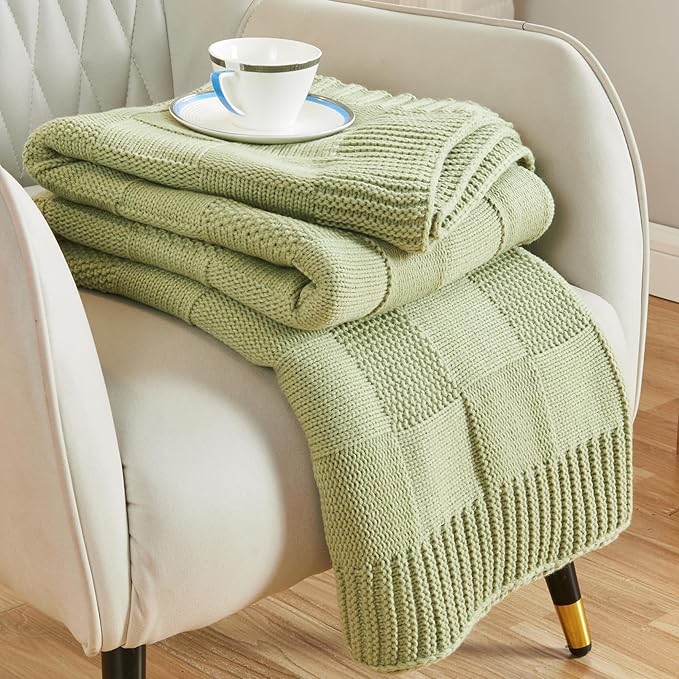 CozeCube Check Knit Throw Blanket, Sage Green Checkered Throw for Couch, Decorative Christmas Soft Cozy Warm Knitted Blanket for Bed Sofa Living Room, 60"X80"
