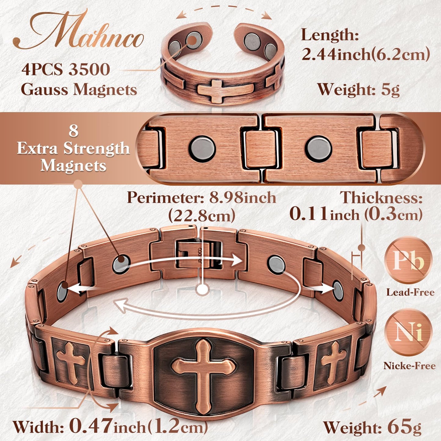 Mahnco Copper Bracelet for Men Ultra Strength Magnets Cross Bracelets for Men Pure Copper Magnetic Bracelet & Ring, Jewelry Gift with Sizing Tool