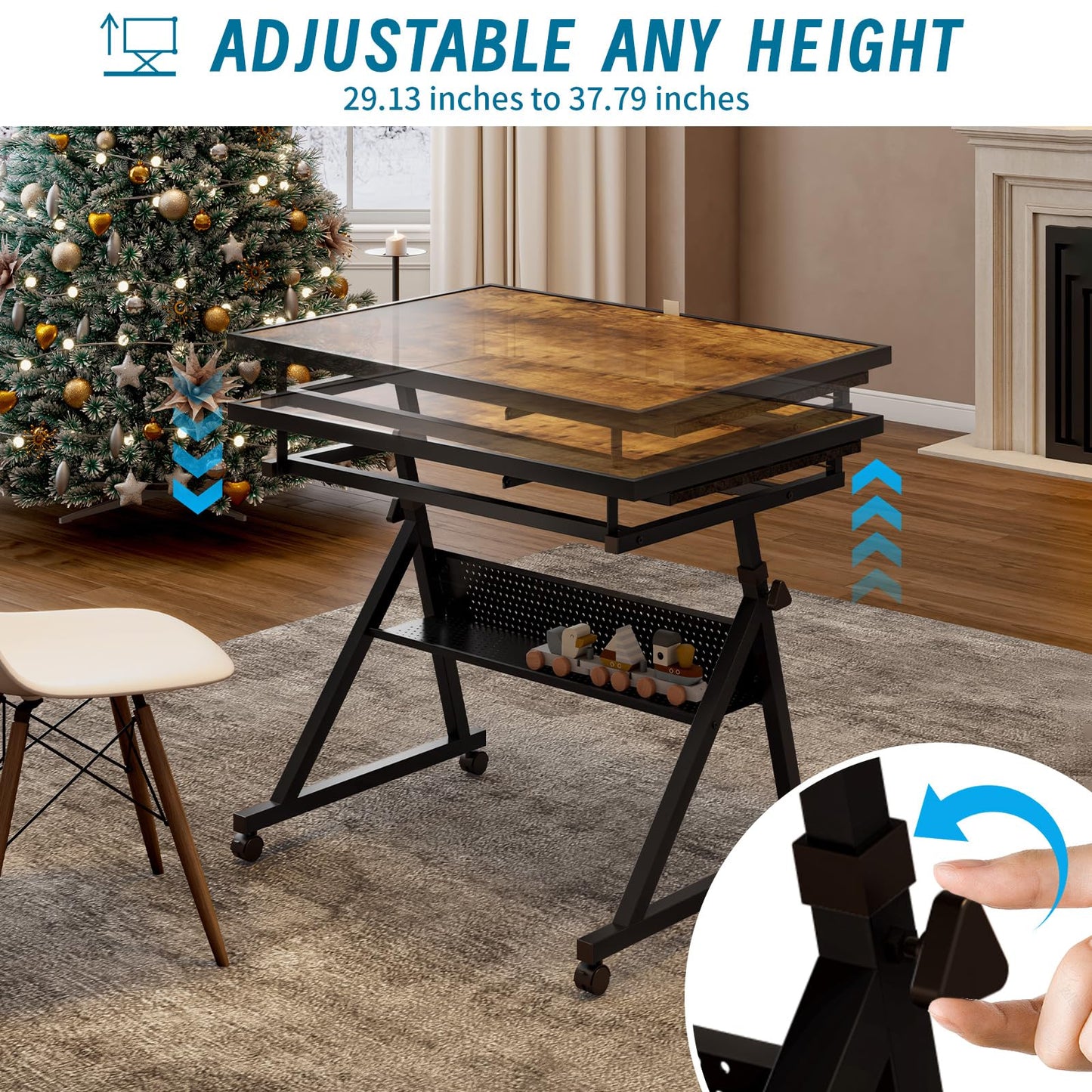 Adjustable Height & Angle Puzzle Table with Wheels, Jigsaw Puzzle Board for Adults, Metal Puzzle Desk with 4 Felt Trays, Wooden Protective Cover and Storage Shelf, Portable Puzzle Table,Brown & Black