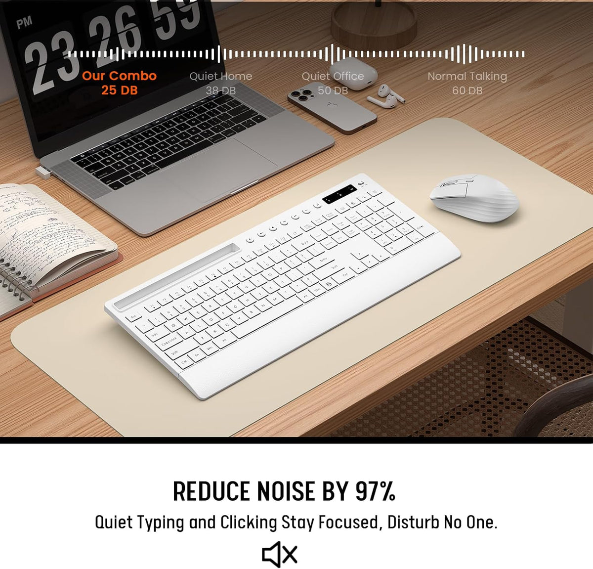 White Wireless Keyboard and Mouse Combo - Full-Size Quiet Keyboards with Palm Rest, Phone Holder, Multimedia Keys, Batteries Included, Office Key Board Compatible with Windows, PC, Laptop - Trueque