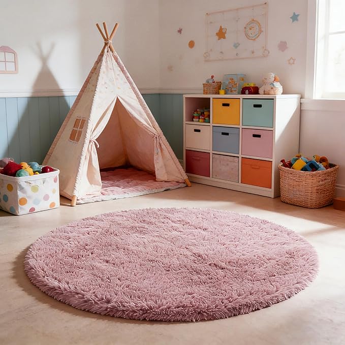 yulidayang Fluffy Round Area Rugs for Bedroom,Blush 3'X3'Shag Circle Area Rugs for Living Room,Non Slip Fuzzy Plush Rug for Kids Room Boys Girls Room and Dorm
