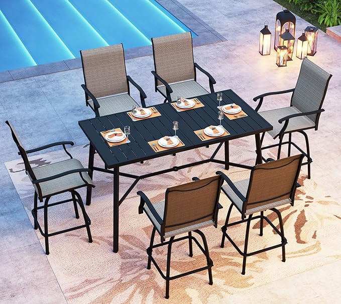 PHI VILLA Outoor Swivel Bar Stools Set of 6 with Armrest and Backrest, 30" Seat Height High Top Bar Height Patio Chairs, Brown Textilene Fabric