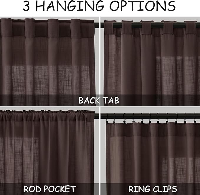 Coffee Linen Curtains 102 Inches Long for Living Room 2 Panel Set Back Tab Rod Pocket Semi Sheer Curtains Light Filtering Burlap Extra Long Drapes Neutral Farmhouse Decor for High Window 52x102
