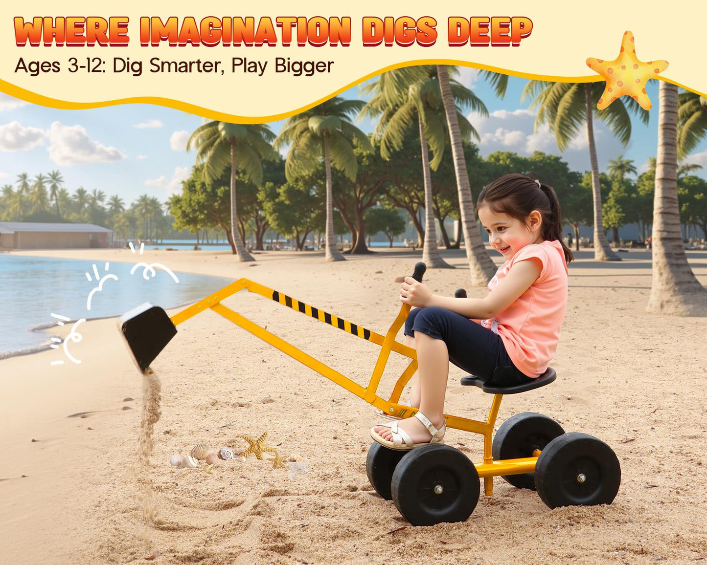 Albott Ride On Sand Digger Excavator Toys Working Crane with 8 inches Wheels and 360° Rotation Seat (Yellow)