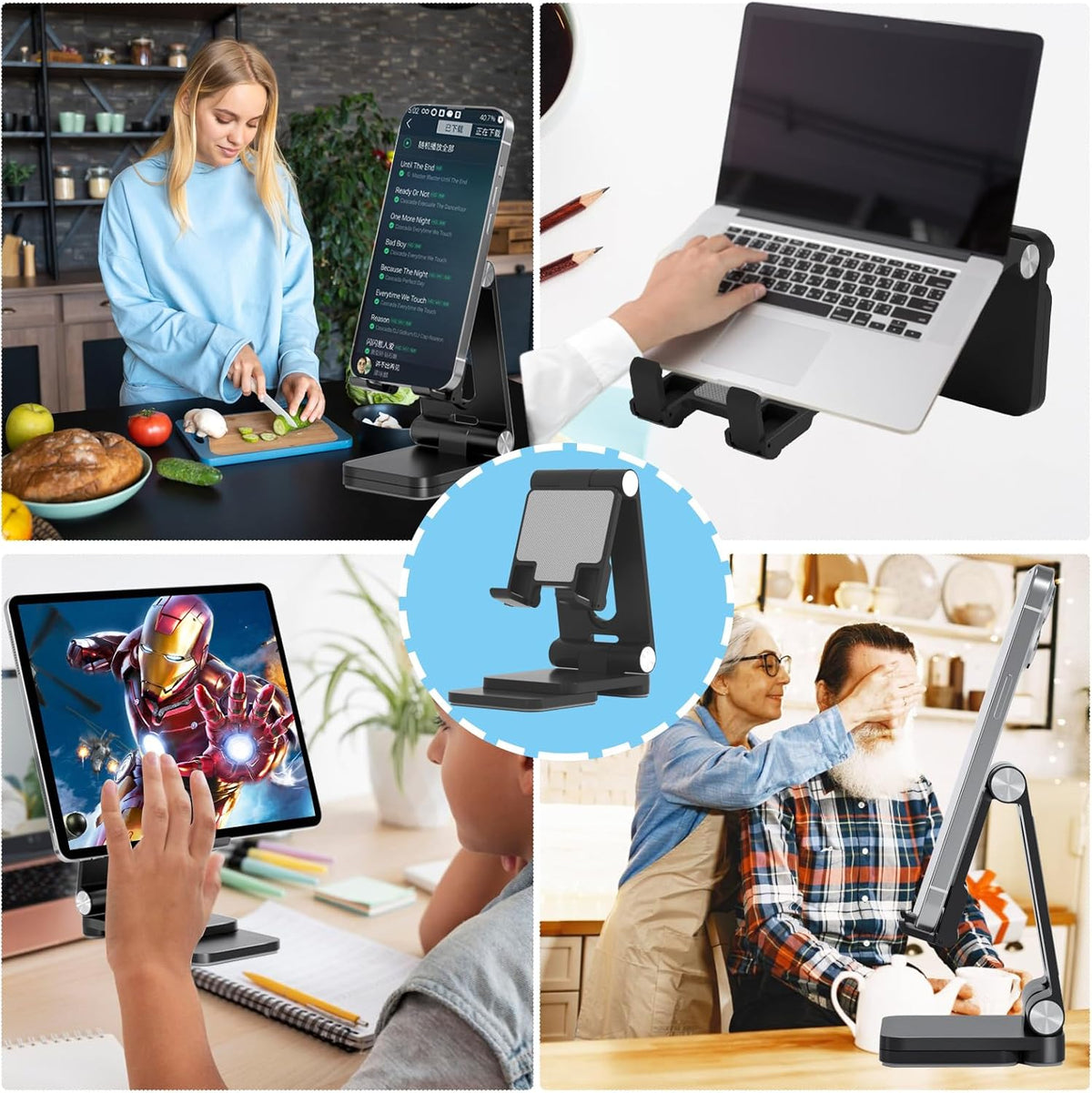 Folding Cell Phone Stand,Laptop Stand, Adjustable Height and Angle Foldable Cell Phone Stand Holder for Desk, Taller iPhone Stand Compatible with 4-11" Smartphones iPad Tablet Laptop (Black)