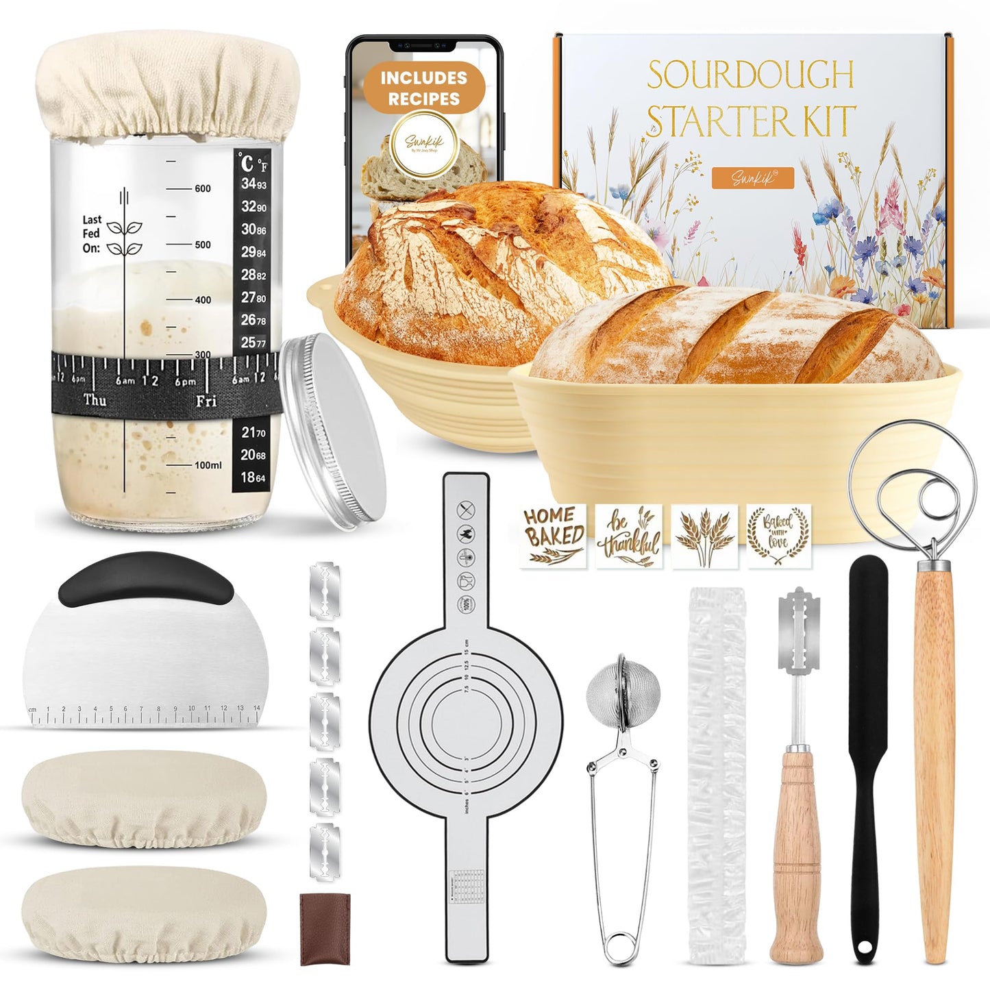 Complete Sourdough Starter Kit, Sourdough bread baking supplies, Great Gift Beginners Bread Makers 24oz Fermentation Jar 9" and 10" Silicone Banneton Bread Proofing Basket, sour dough Whisk,18 in 1