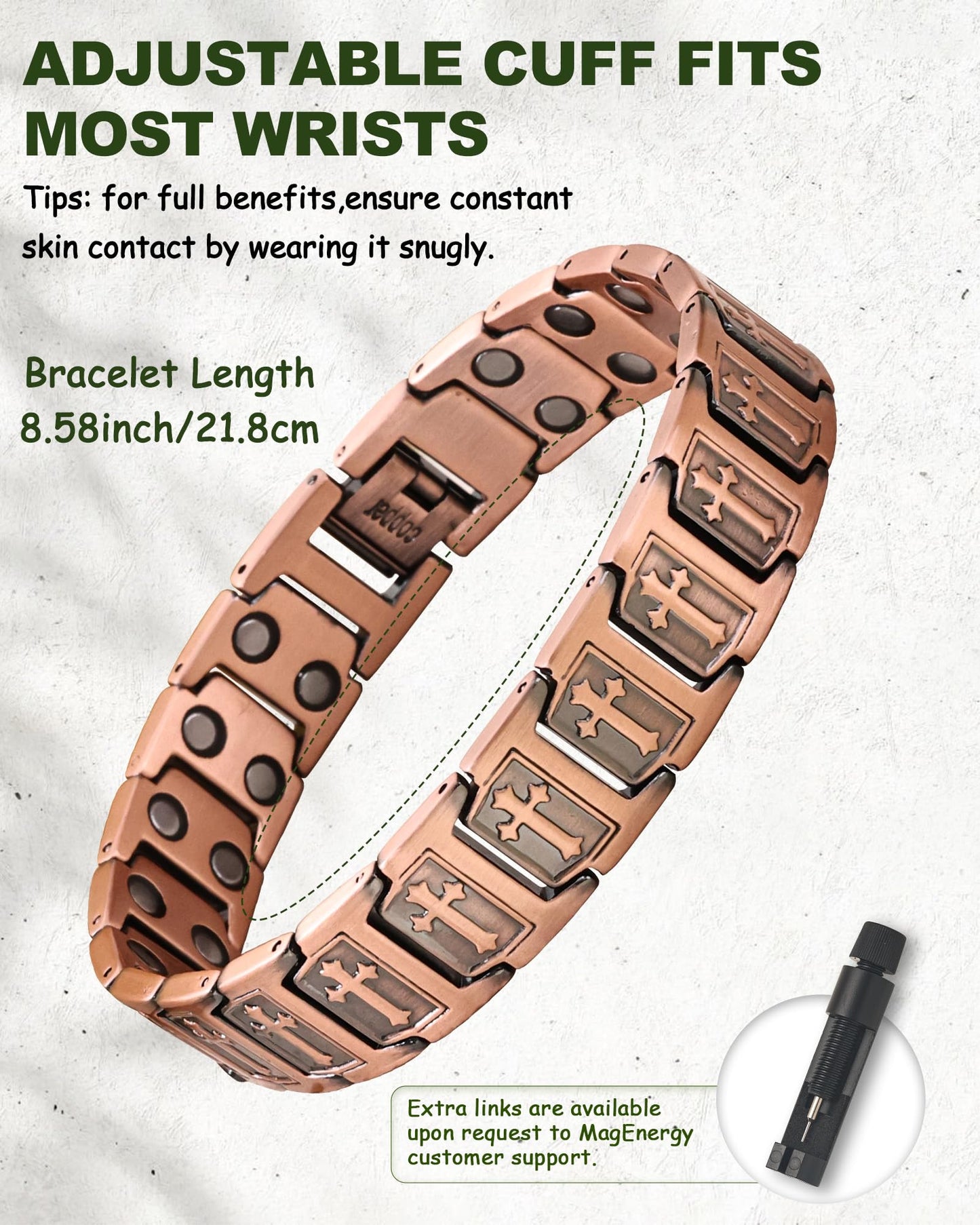 MagEnergy Copper Bracelet for Men, Cross Copper Magnetic Bracelet with Ultra Strength Magnets, Adjustable Link Jewelry Box Gift (Sizing Tool)