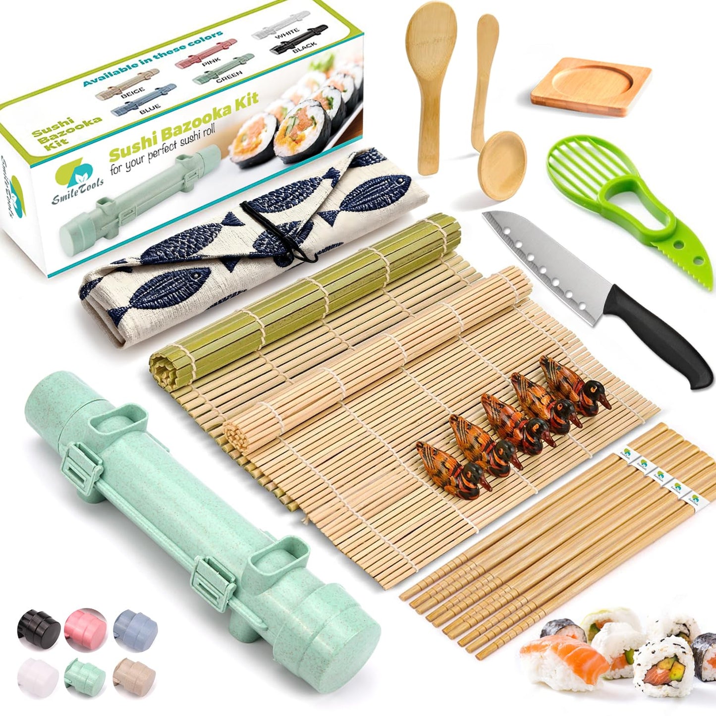 SmileTools Sushi Making Kit, 22 in 1 Sushi Roller Sushi Maker Kit with Bamboo Sushi Rolling Mats, Bazooka, Chef's Knife, Chopsticks, Sauce Dishes, Rice Spreader, Avocado Slicer, Guide Book