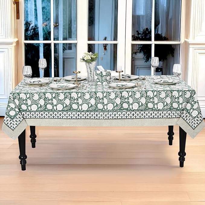 Ridhi Hand Block Print Turquoise Moss Green Rectangle Cotton Tablecloth 120" x 80" Reusable Table Cover Decorative Everyday Use for Dining, Farmhouse, Home Gift for Spring, Easter, Valentine