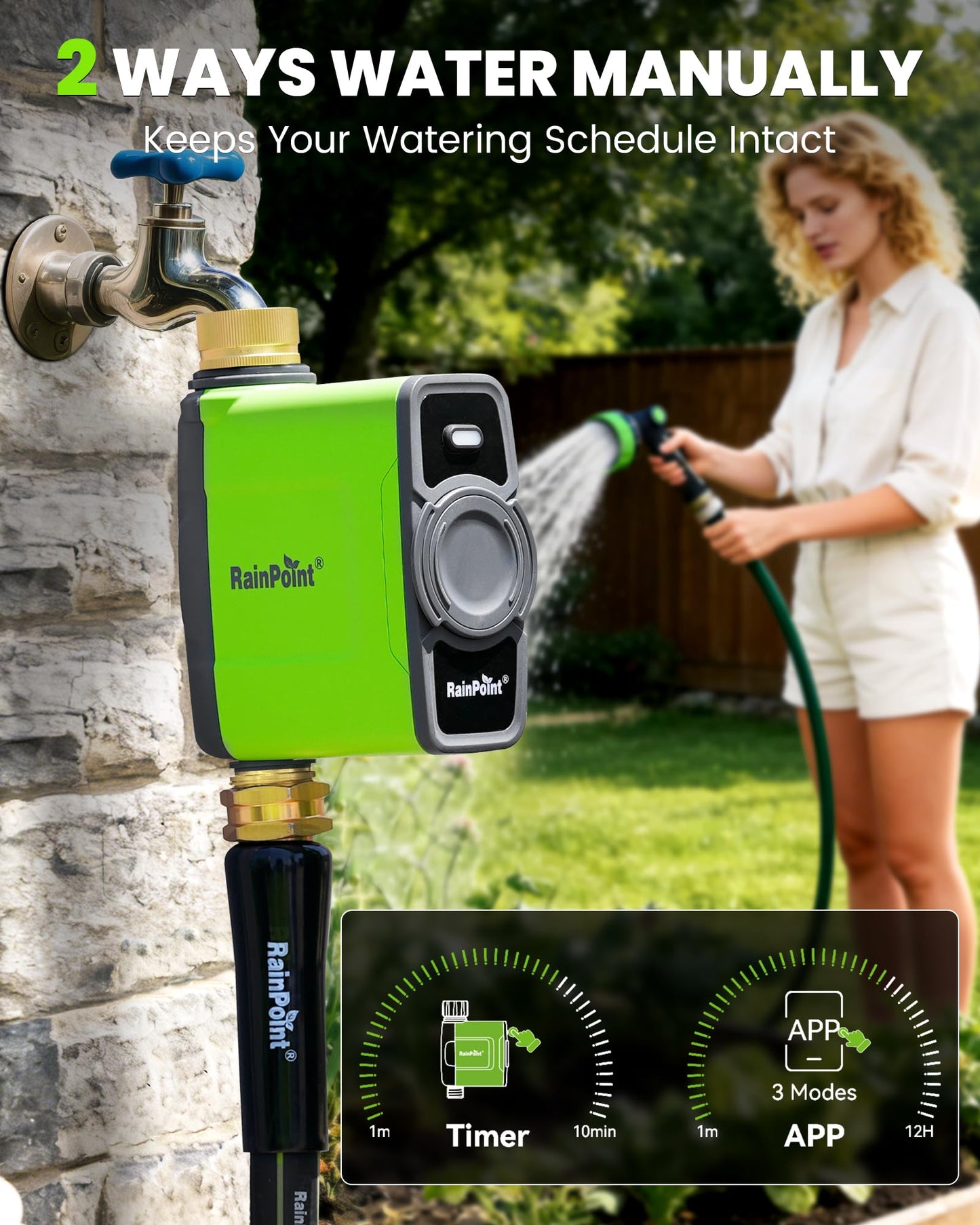 RAINPOINT WiFi Water Timer for Garden Hose, WiFi Sprinkler Controller, Smart Hose Timer Valve, Automatic Drip Irrigation System/Rain Delay for Garden/Lawn/Yard (Brass Inlet & Outlet, WiFi Gateway)