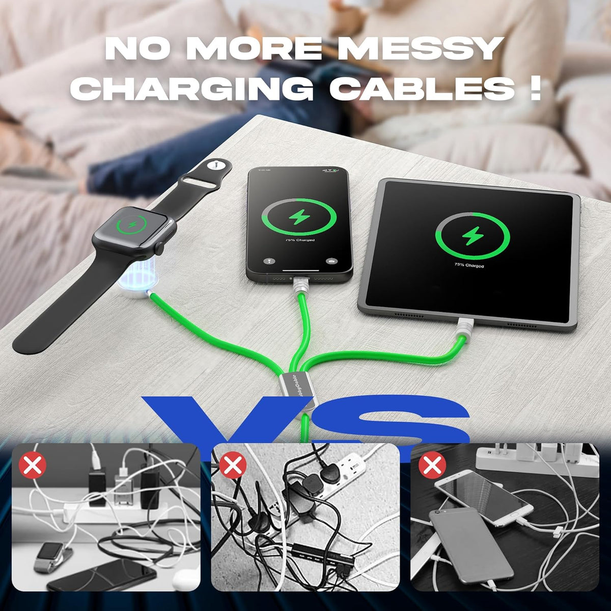 chubbycable Tri-Flex 3 in 1 USB C Cable for Apple Watch Charger Silicone 100W Multi Charging Cable Fast Charge Compatible with iPhone 16/15 Series iWatch iPad Airpods MacBook, 4.1FT, Green