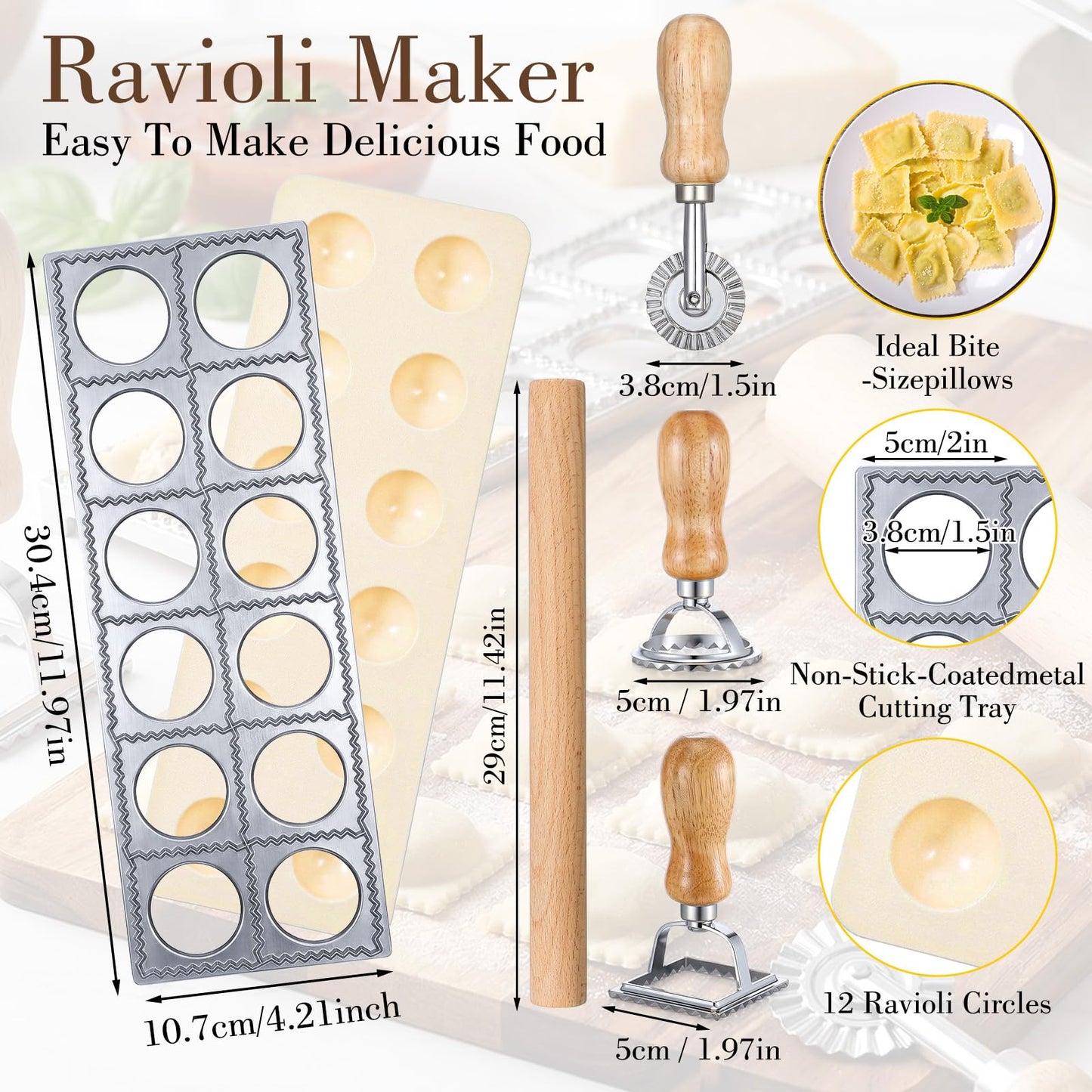 Kegeeei 5 Pcs Ravioli Mold Set, Ravioli Maker Cutter with 12 Holes Ravioli Press, 3 Shape Cutters & Wood Rolling Pin for Pasta, Dumpling, Meat Pie Making - Complete Kitchen Tool Kit