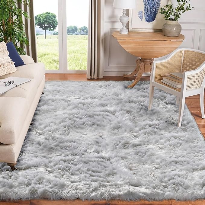 Goolela Grey Sheepskin Area Rug 10x12 Gray Fluffy Fuzzy Furry Carpet for Living Room Bedroom Faux Fur Plush Shaggy Washable Rectangle