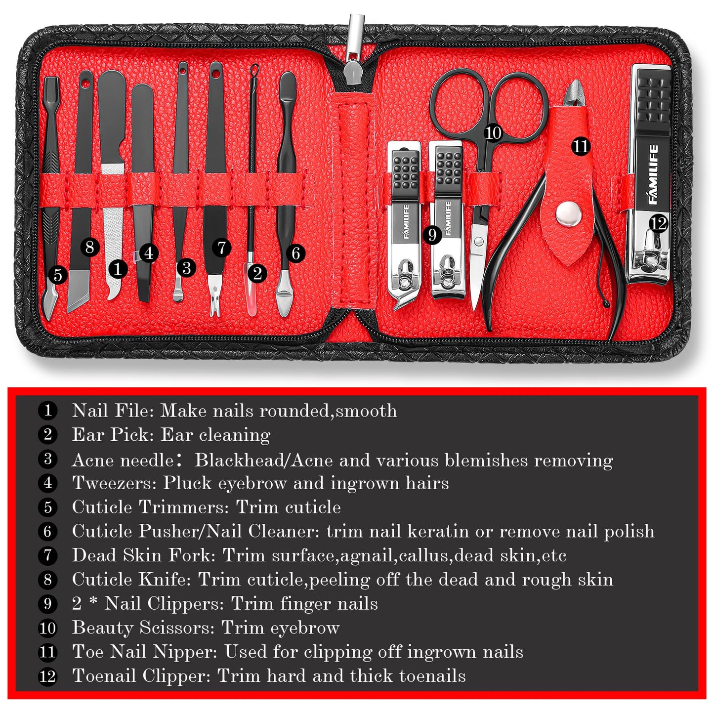 FAMILIFE Nail Kit, Professional Manicure Set Manicure Kit Nail Clipper Set, 13 in 1 Stainless Steel Pedicure Sets Clipper Tool, Men Grooming Tool with Portable Black Leather Travel Case for Him