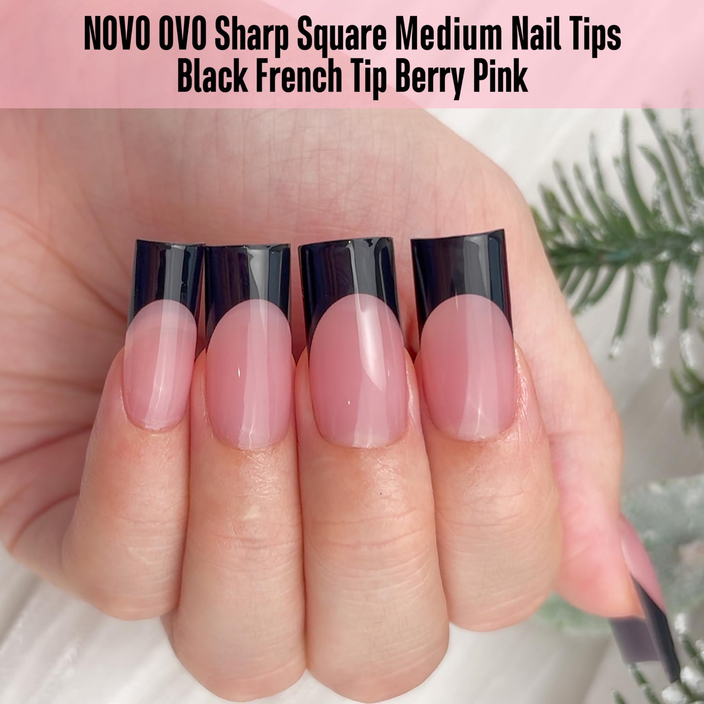 NOVO OVO Medium Sharp Square Black French Tip Nail Tips Press on BERRY PINK, Extra Thick NEED Builder Glue Gel & Top Coat, Soft Gel Full Cover False Fake Nail Extension for Salon DIY x 15 Sizes 180 pc