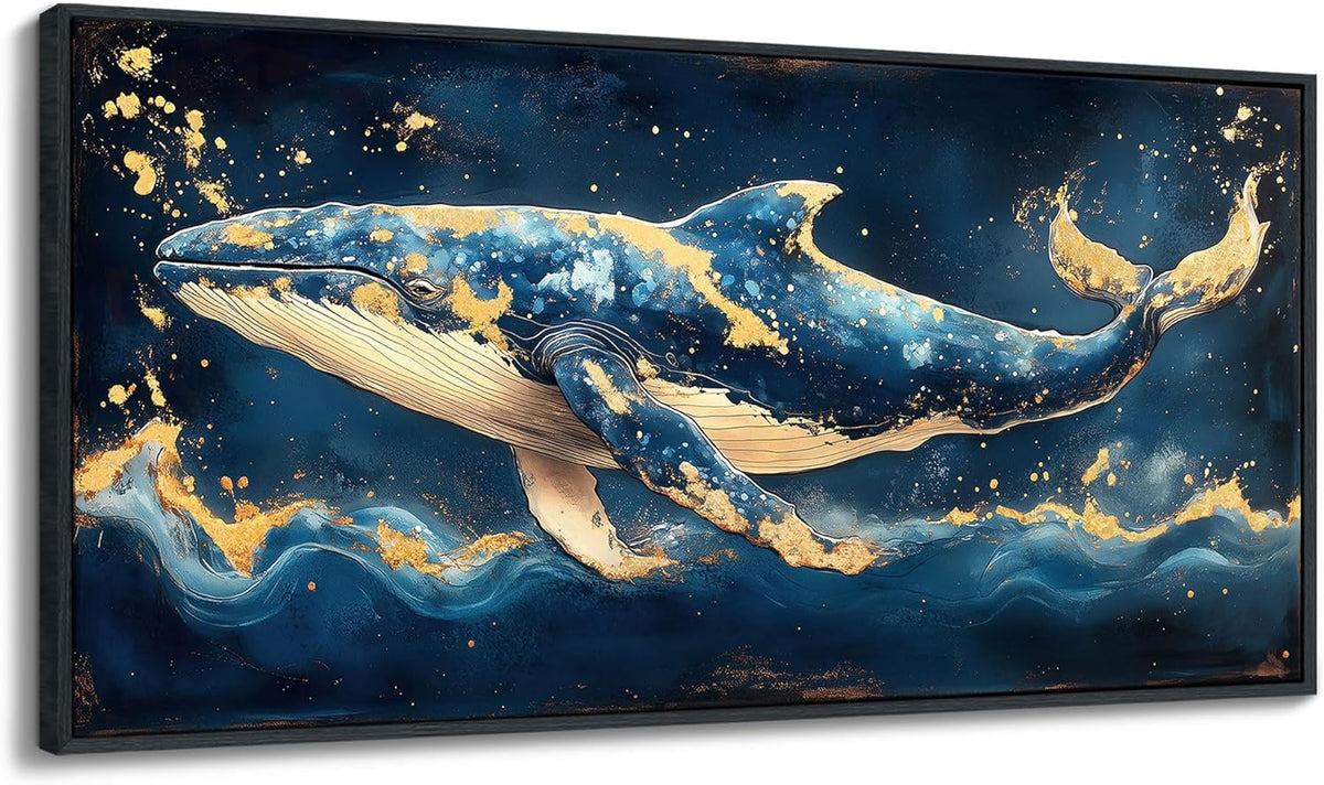 JEAWA Framed Canvas Wall Art - 20x40 IN Marine Animal Painting Wall Decor, Blue White Gold Whale Picture, Modern Art Prints for Living Room Bedroom Bathroom Home Decoration