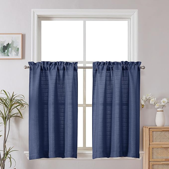 Chyhomenyc Bennet 2 Panels Blue Kitchen Curtains 36 Inch Length Tier Curtain, Faux Linen Textured Small Cafe Curtain, Light Filtering Short Window Curtains for Bathroom Basement, 30x36 inch