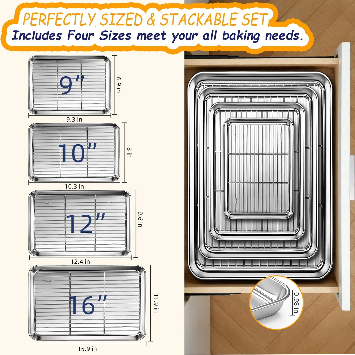 Baking Sheet Pan Set of 8, CEKEE Stainless Steel Cookie Sheets for Baking with Cooling Rack, Small/Quarter/Jelly Roll Pans, 9/10/12/16 Inch, 0.8mm Thick Heavy Duty & Non Toxic & Easy Clean