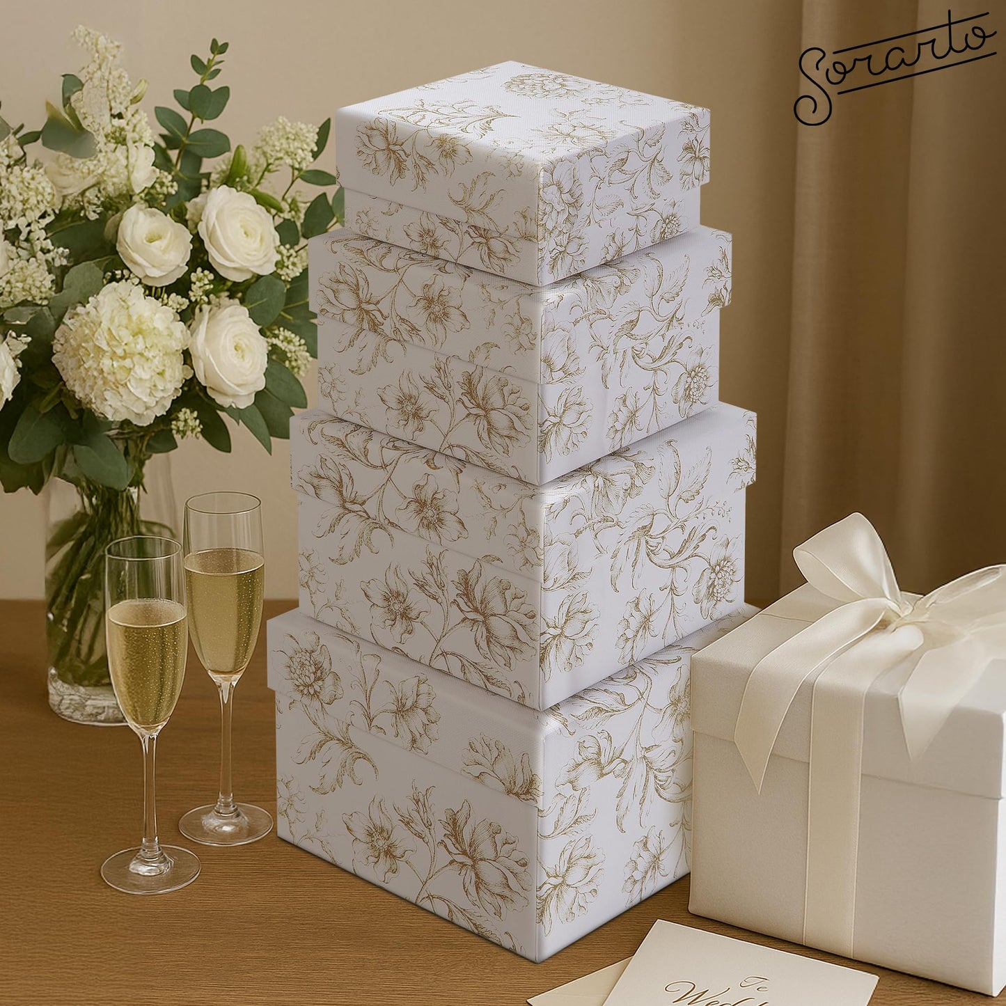 Sorarto Square Gift Boxes with Lids 4pc Set | White Gold Floral Nesting Gift Boxes for Presents Birthday Wedding Bridesmaid Christmas