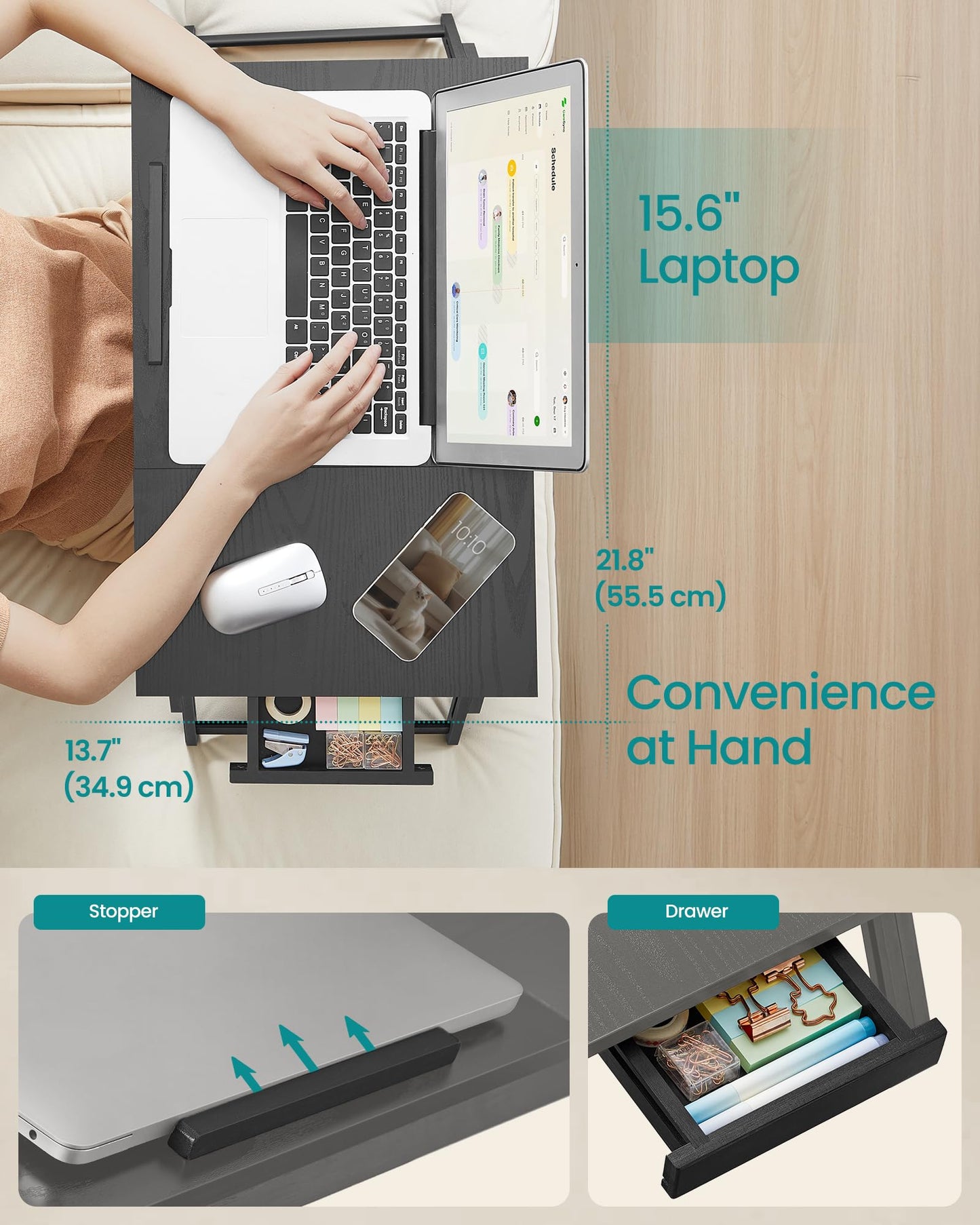 SONGMICS Bed Laptop Desk, Folding Bed Tray for Laptop up to 15.6 Inches, Adjustable Angle and Height, Portable for Working Reading Writing Breakfast, Bamboo Legs, Drawer, Ebony Black ULLD105BE01