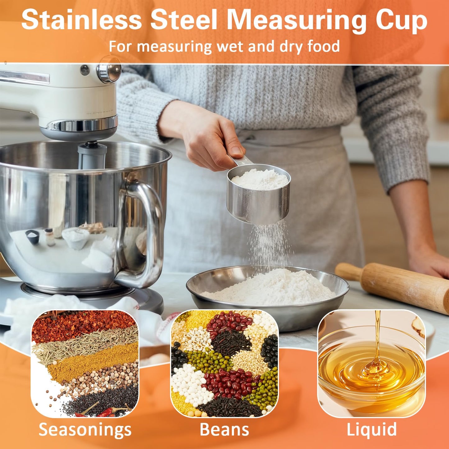 Akamino 4 Pack 1 Cup Stainless Steel Measuring Cup, 250 ml | 240 cc | 8 oz Single Measuring Cups with Handle, Small Measuring Scoops Coffee Scoop for Kitchen Cooking Baking