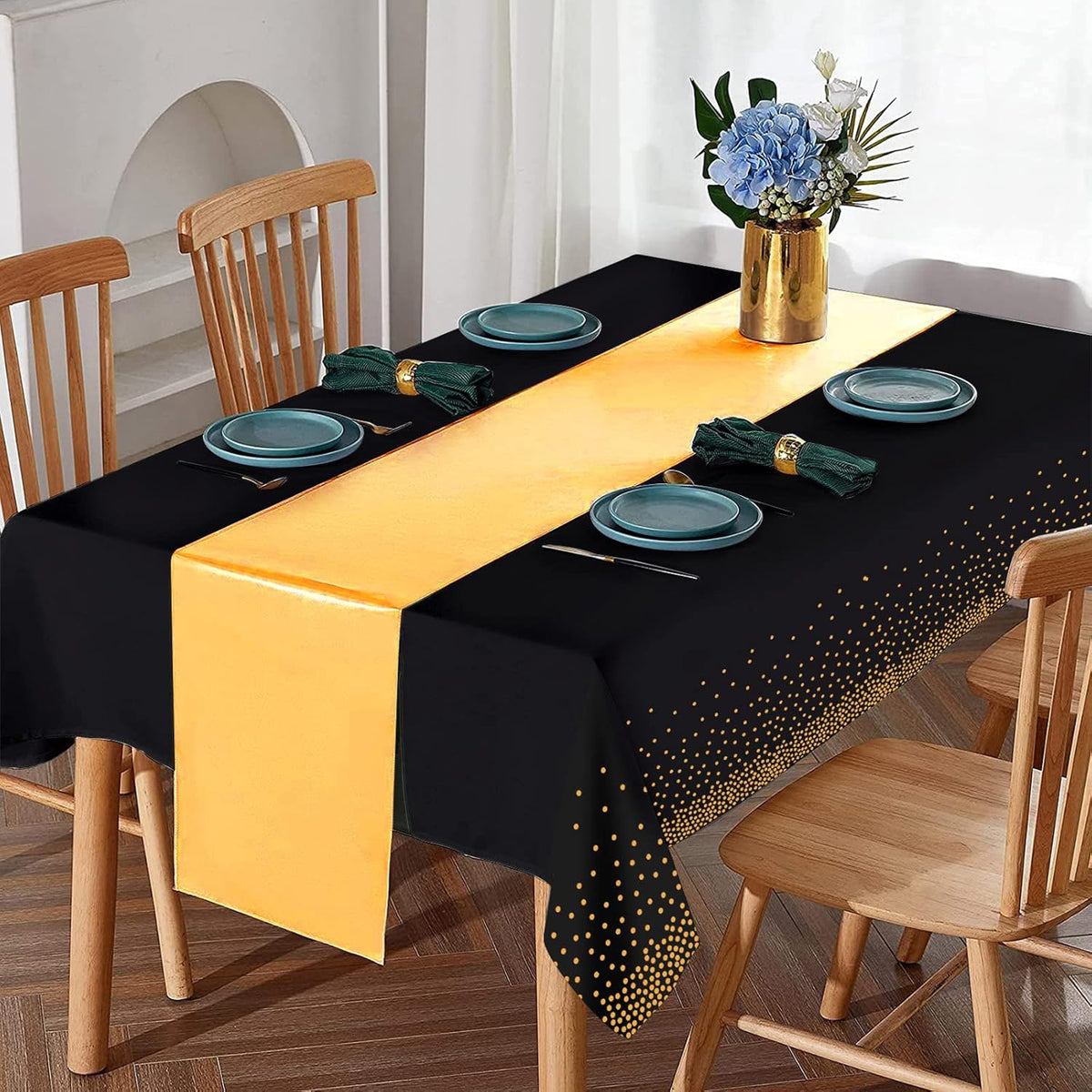 8Pack Disposable Plastic Tablecloths and Satin Table Runner Set Black Gold Dot Table Cloth Gold Satin Table Runner for Graduation Wedding Birthday Baby Shower Anniversary Holiday Party Decorations