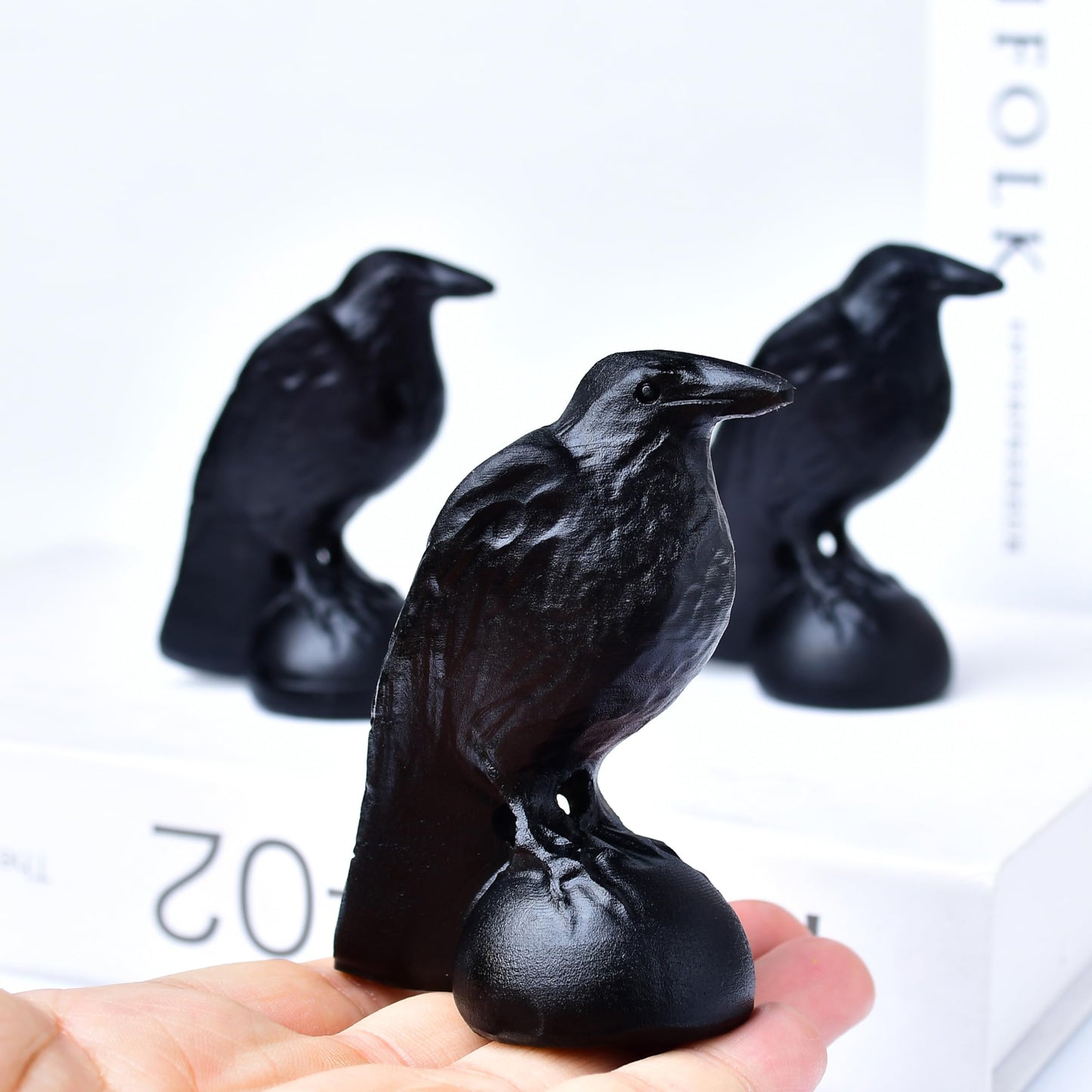 RUIJINGYUAN Black Obsidian Raven Statue 3.15" Large Crow Statue Figurine Healing Crystal Stone Sculpture Reiki Meditation Gothic Home Decor Gift