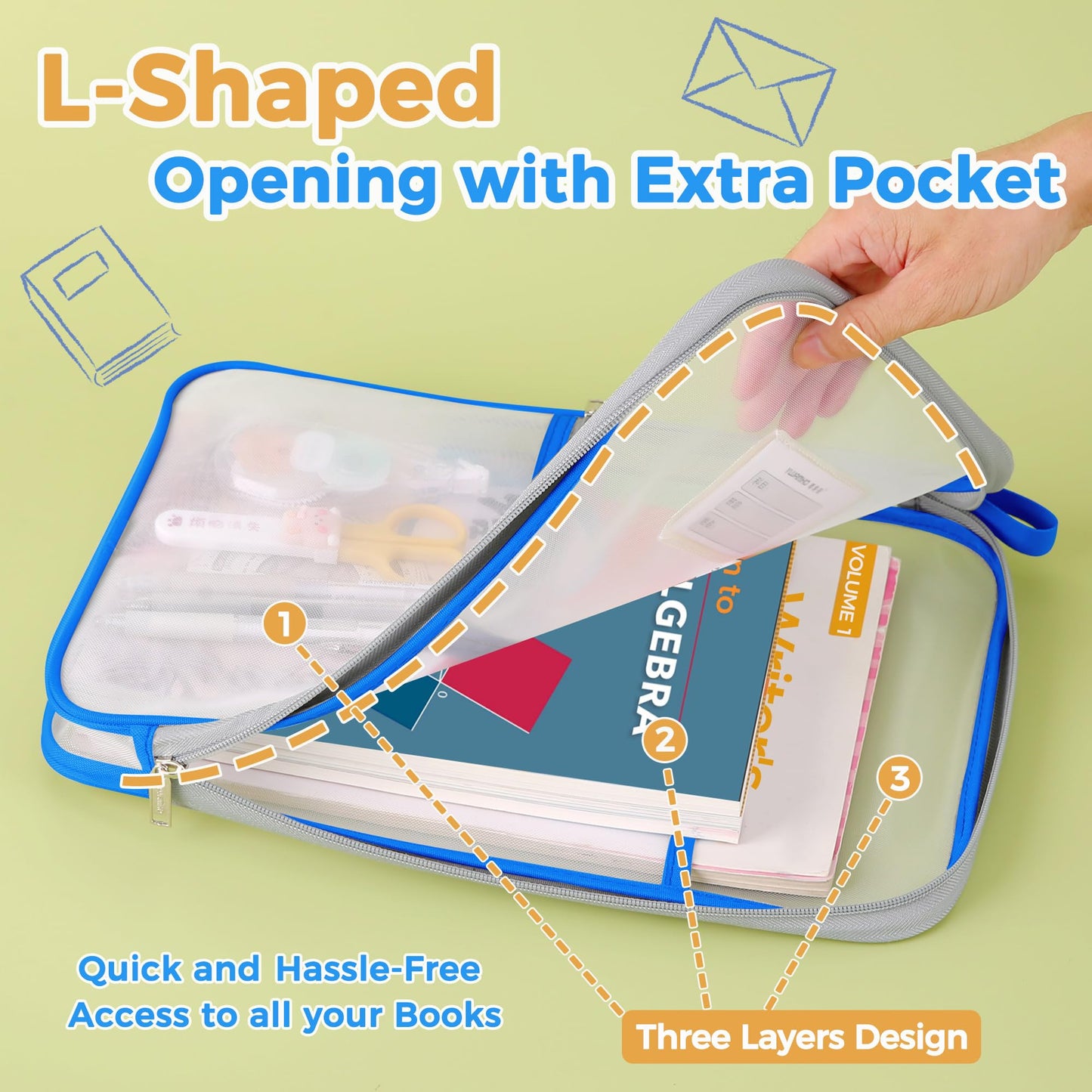 Pendancy Mesh Zipper Pouch 14.8x10.8 in Transparent Lightweight Nylon File Folders, A4 Size Multi-layer Subject Document Organizer Accessories Storage bag for Office and School Supplies(Blue)