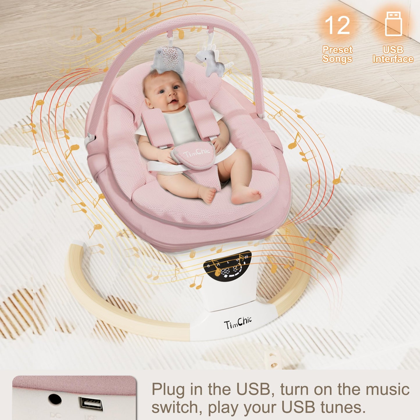 TimChic Baby Swings for Infants, Portable Infant Swing with 5-Speeds, 3-Adjustable Height, 3 Timer & 12 Lullabies, Mutil-Function Electric Swing for Baby, Indoor & Outdoor Use (Pink)