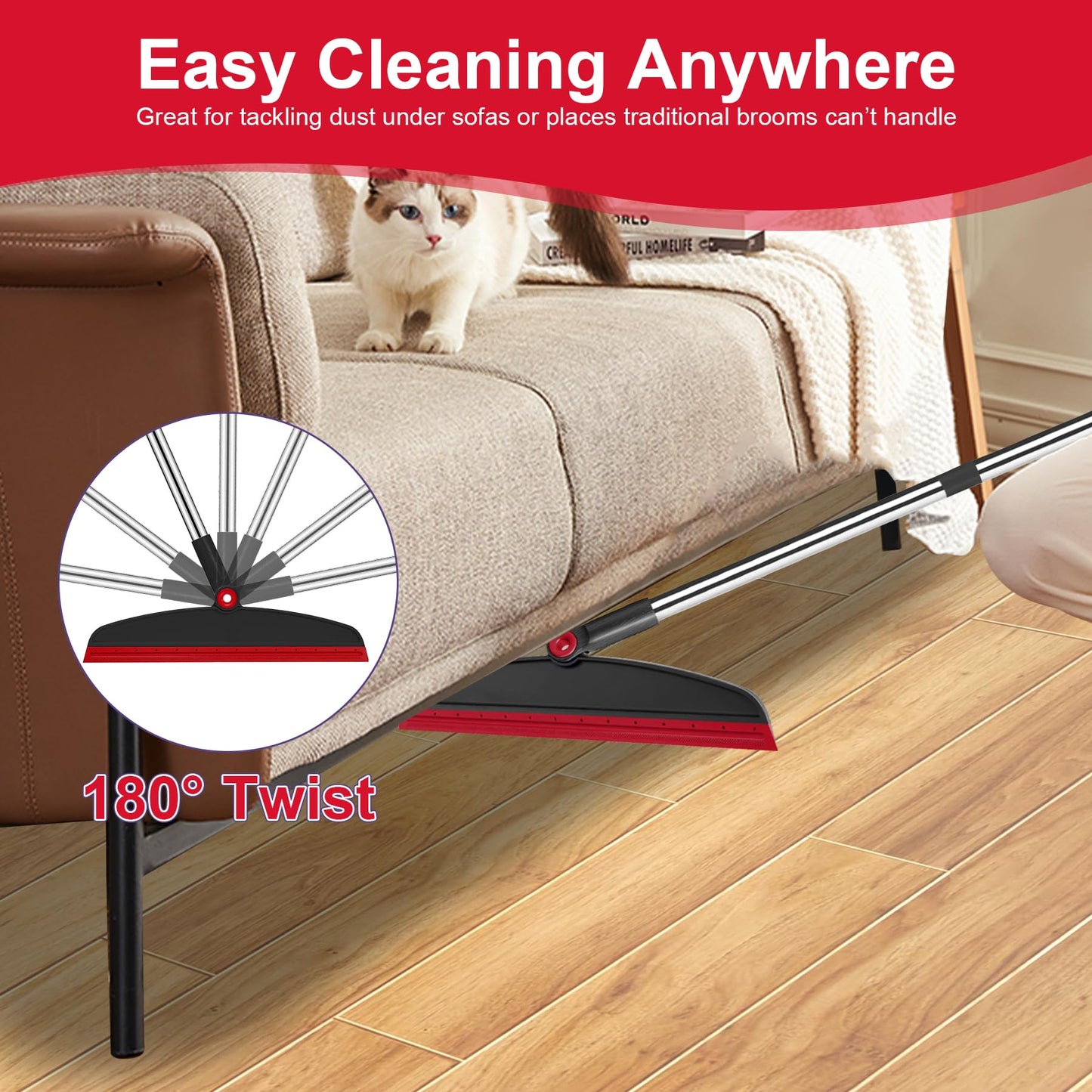 UDUK Broom with Dustpan Combo Set and Silicone Air Broom Kit, 51" Long Handle Floor Squeegee, Red Household Kit for Glass Window Rugs Pet Hair Home