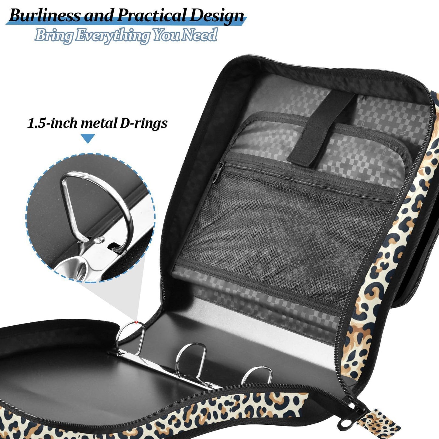 ALAZA Zipper Binder 3 Ring Abstract Leopard Print Cheetah Binder Organizer with Zipper and Shoulder Strap Large Capacity Multi-Pocket Trapper Keeper File Folder for Office Supplies