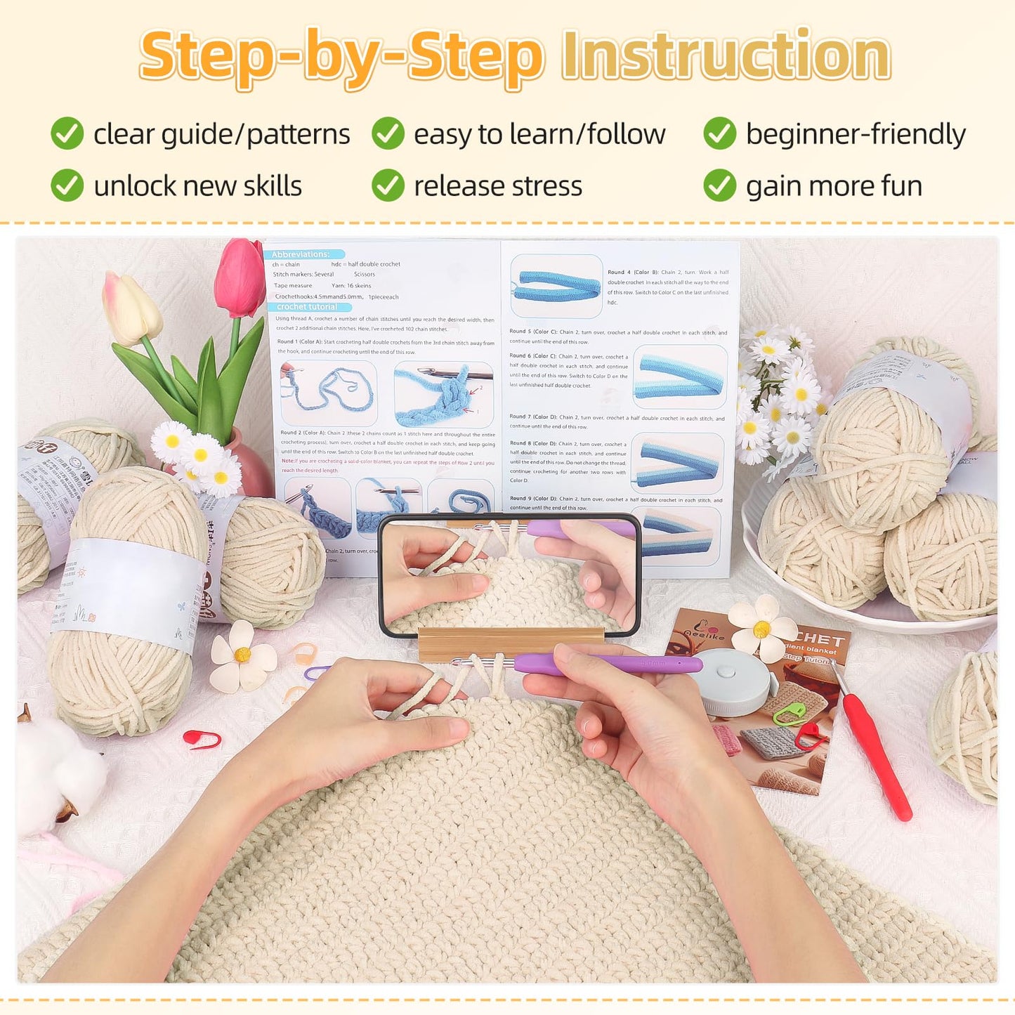 Aeelike Blanket Crochet Kit for Beginners, Easy Crochet Blanket Kit with Soft Chenille Yarns Detailed Instruction Crocheting Accessories Complete Beginners Crocheting Kits, Khaki