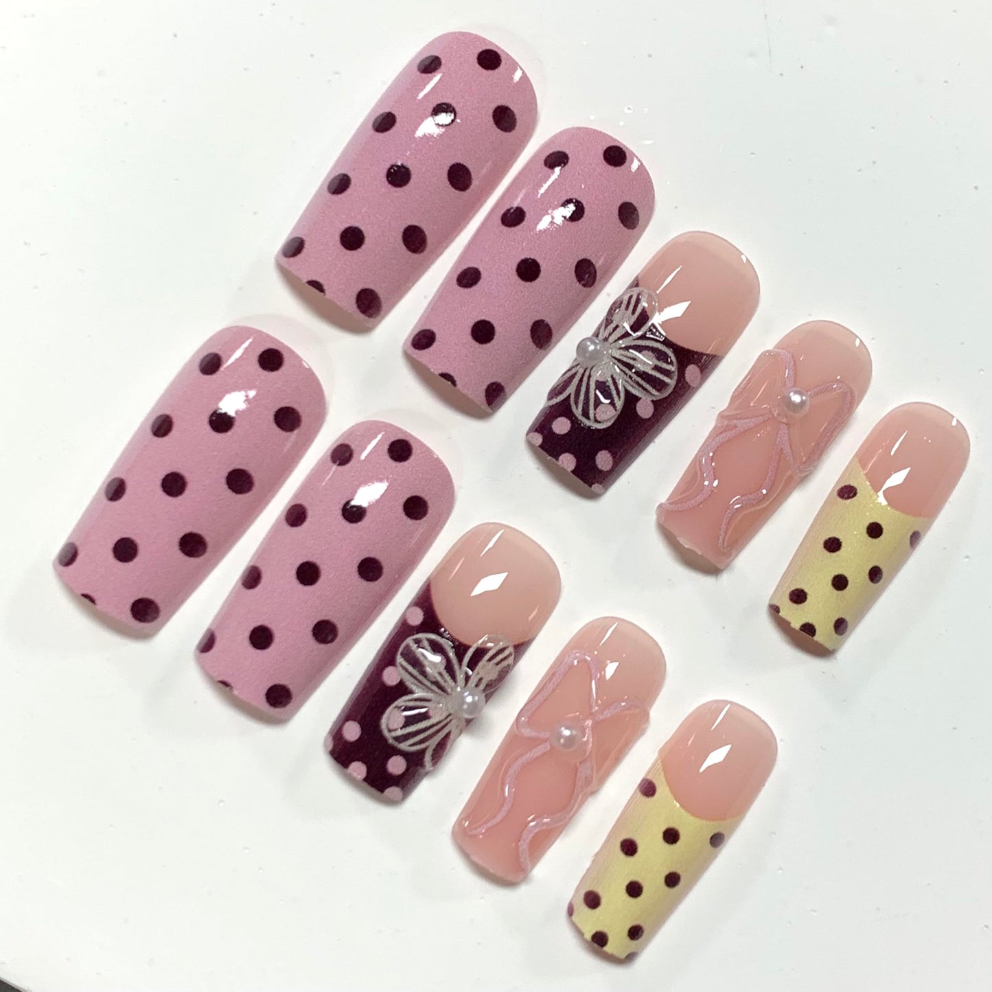 BABALAL Press on Nails, Long Square Fake Nails, Pink Yellow Summer, Polka Dot & Flower Design, Glossy Full Cover False Nails 24Pcs